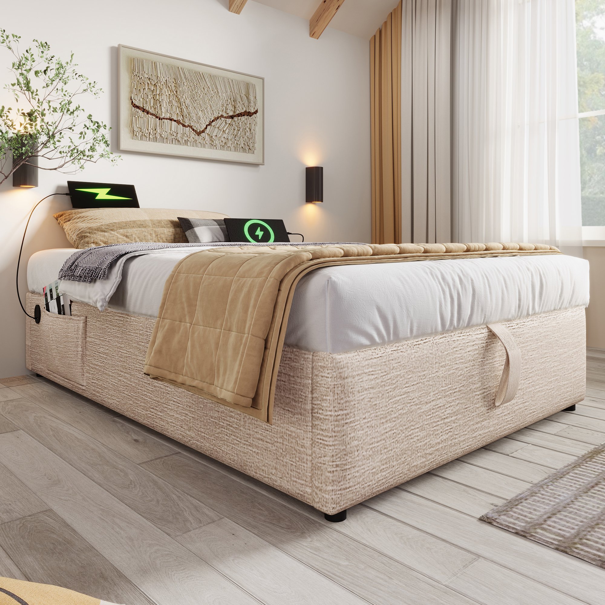 Lit LED 90x200 avec sommier, cadre de lit coffre en lin beige avec rangement hydraulique et ports USB Type-C sans tête de lit