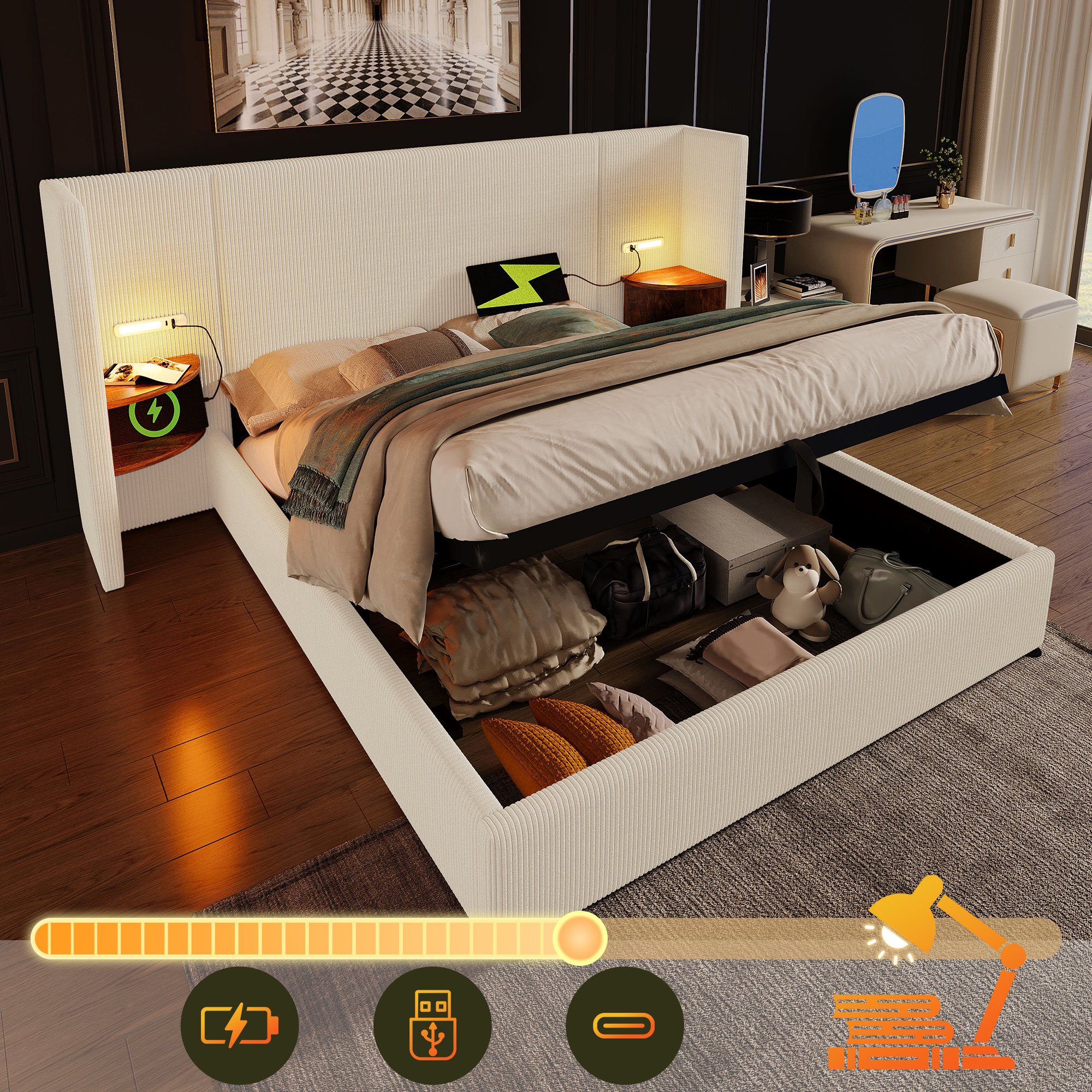 lit coffre double 180x200 cm avec cadre robuste supportant 226 kg, tête de lit multifonctionnelle et rangement sous matelas