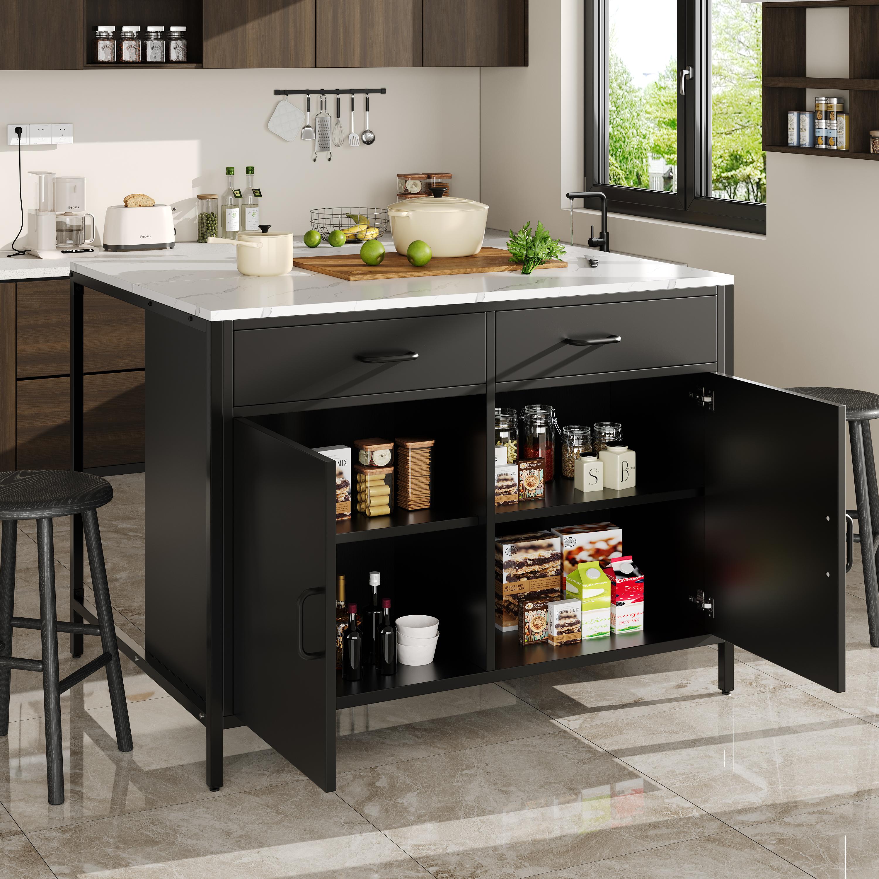 Îlot de cuisine noir avec rangement, plan de travail en marbre, pieds en fer, 100x90x90 cm, pour cuisine et salle à manger