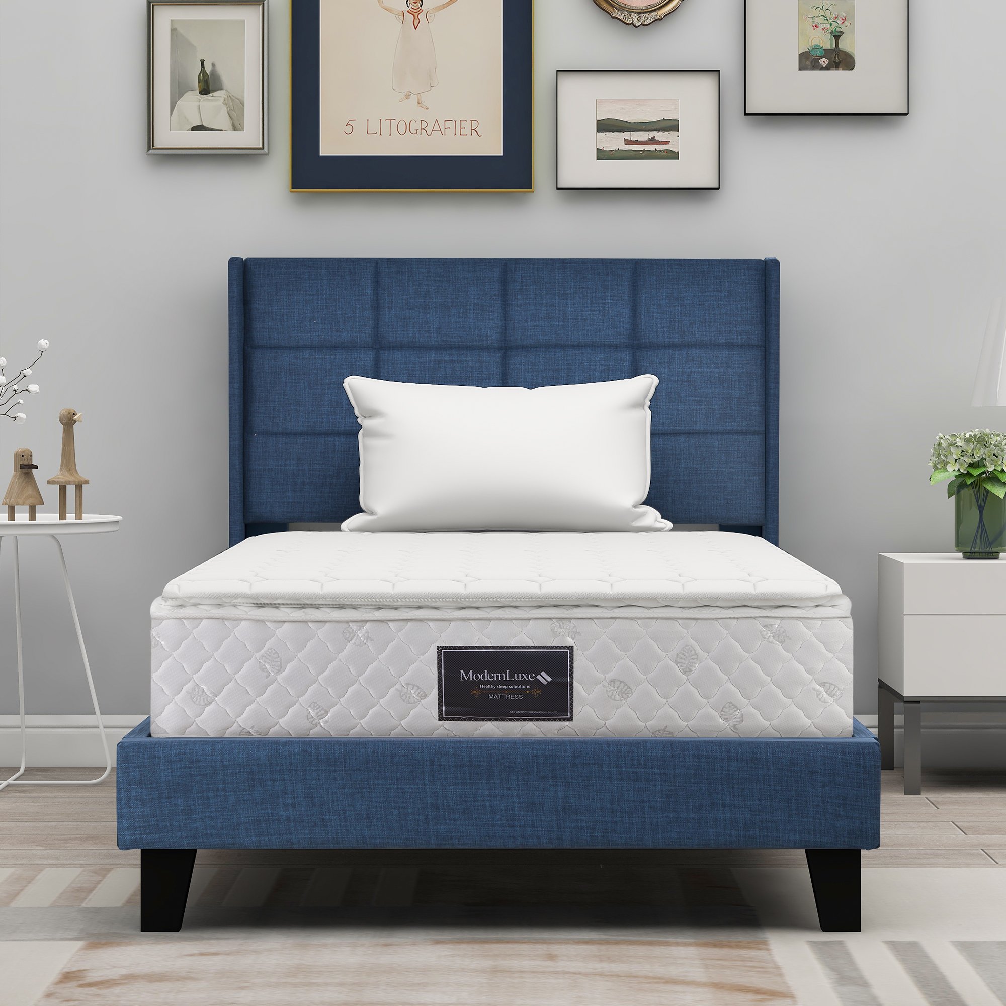 Lit rembourré 90x200 bleu avec sommier à lattes et matelas ressorts ensachés H3