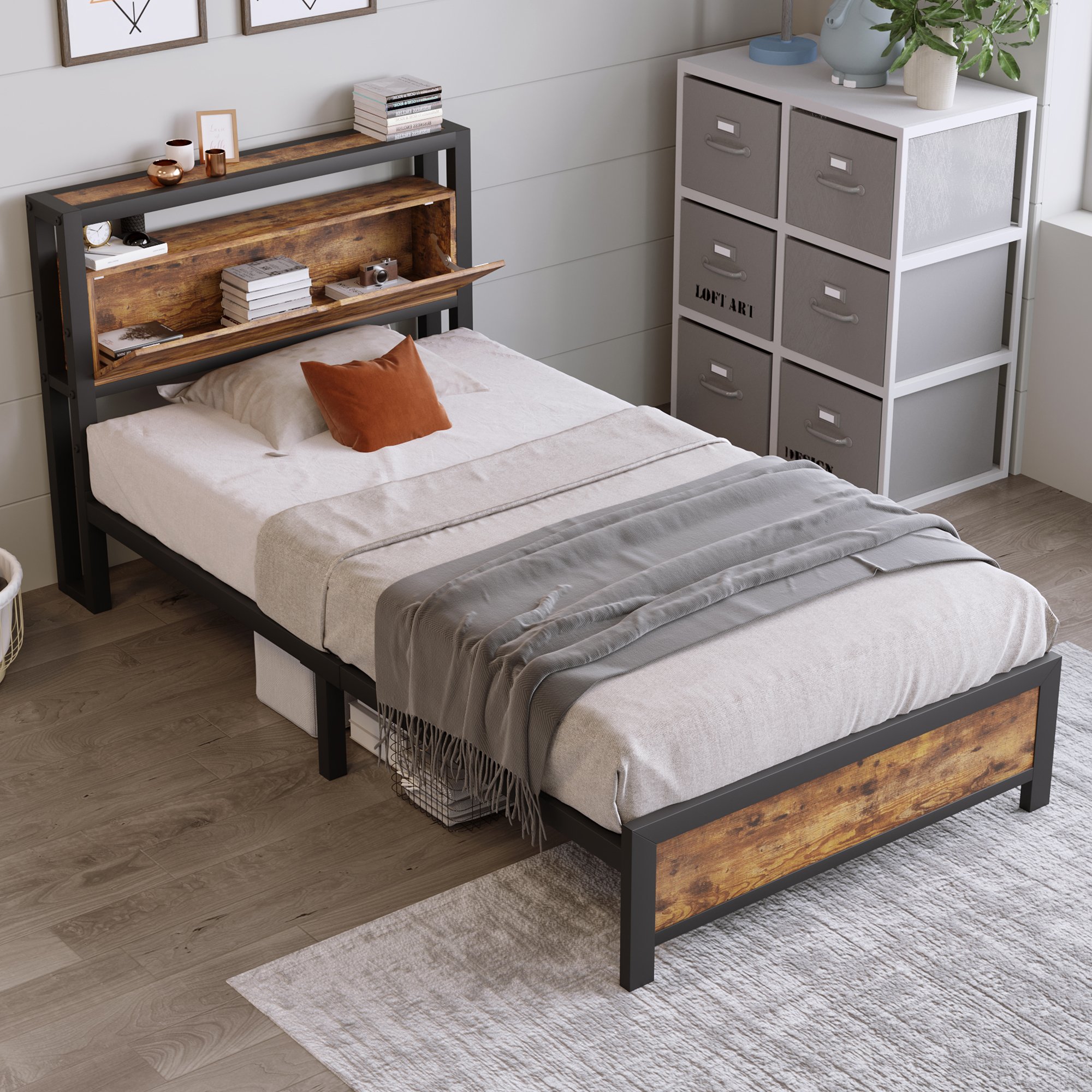 Lit enfant 90x200 en métal et bois noir, cadre de lit industriel avec rangement sous le couchage et tête de lit fonctionnelle