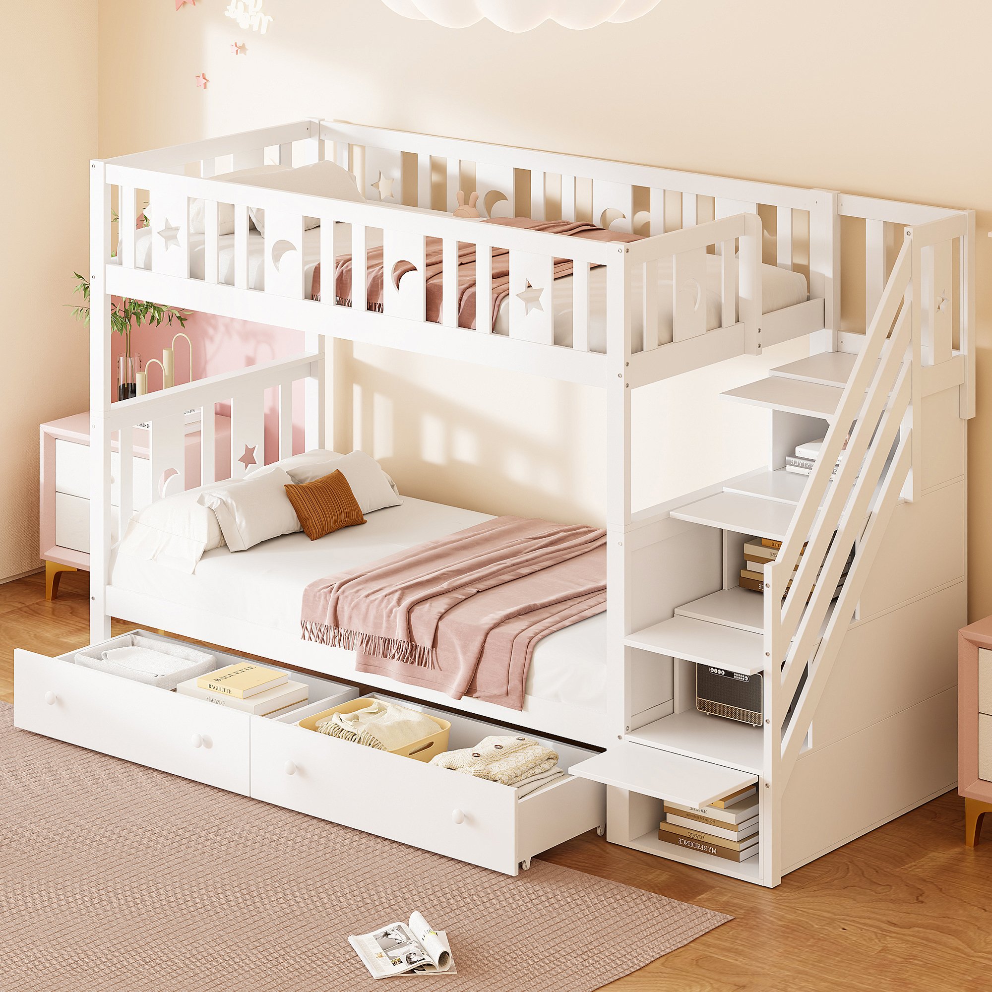 Lit superposé enfant 90x200 avec rangement, échelle et tiroirs, bois massif blanc