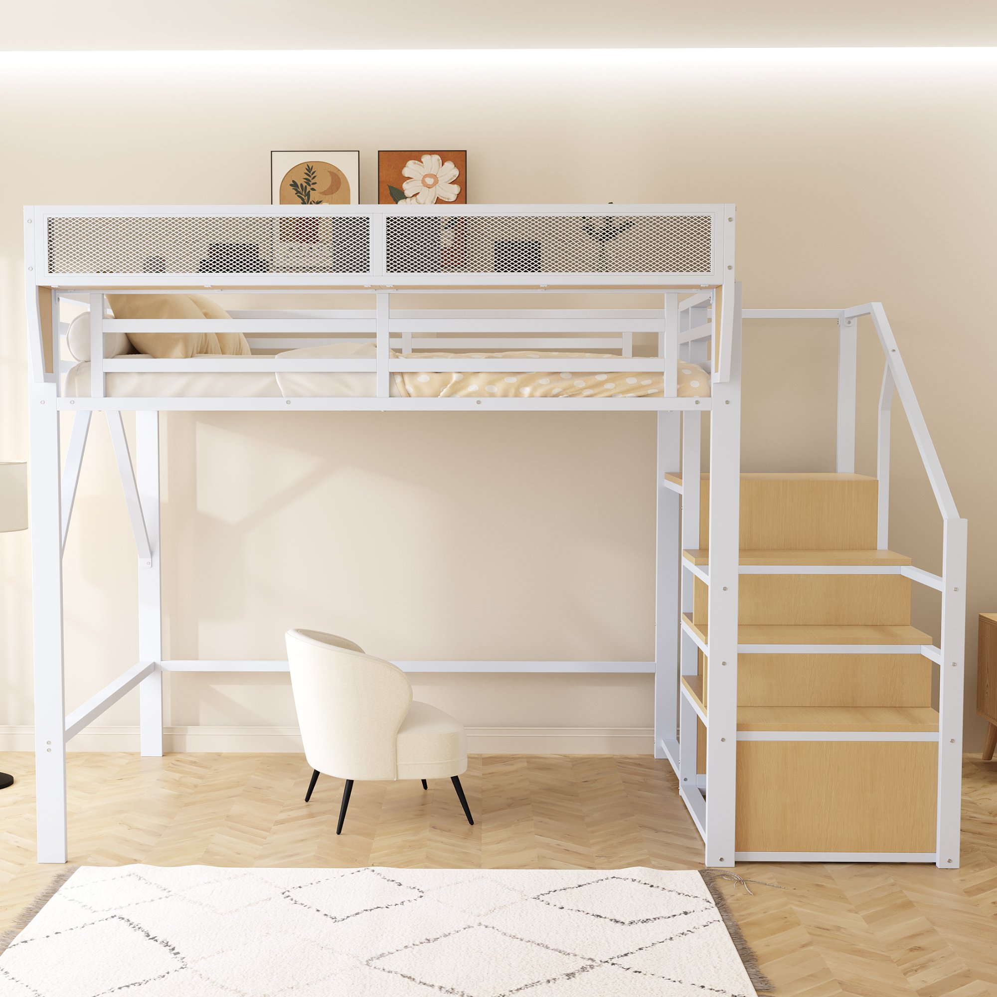 Lit mezzanine 140x200 avec échelle de sécurité et rangement, métal blanc, pour petit espace