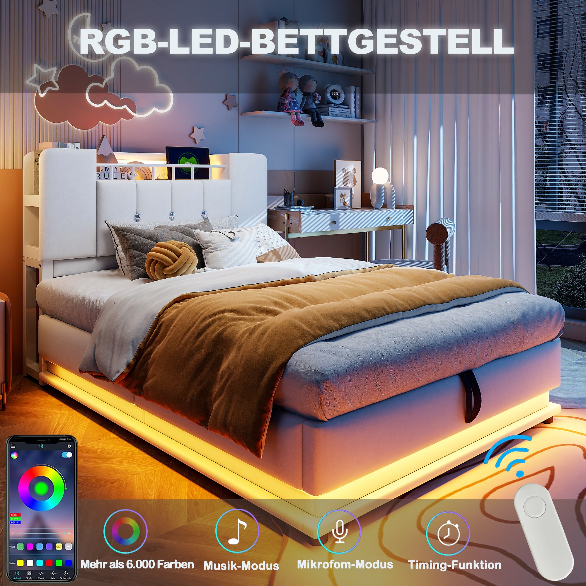 Lit coffre 90x200 en velours beige avec LED, USB, rangement hydraulique et sommier à lattes