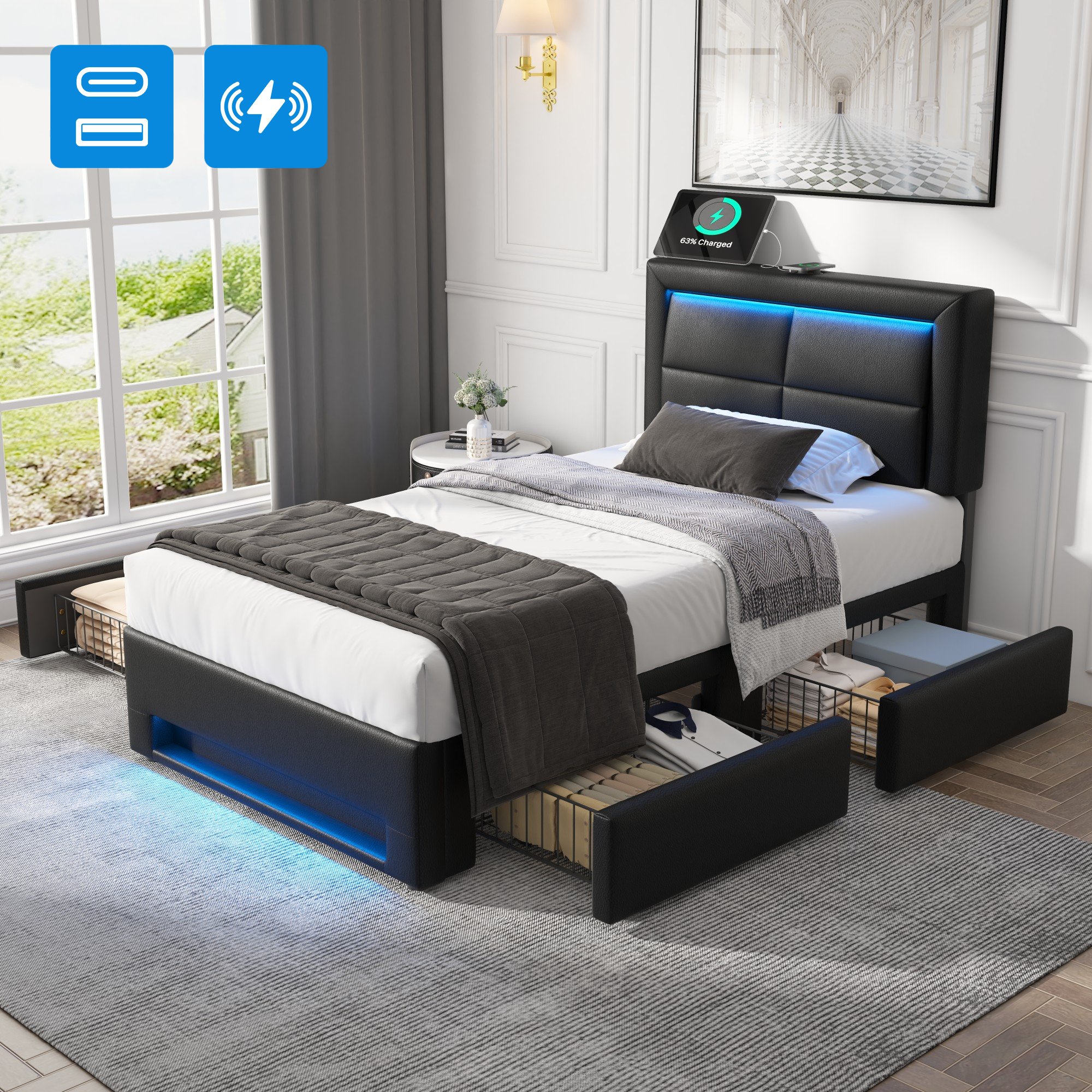 Lit rembourré 90x190 noir en PU avec LED, ports USB et quatre tiroirs de rangement, sommier à lattes, sans matelas