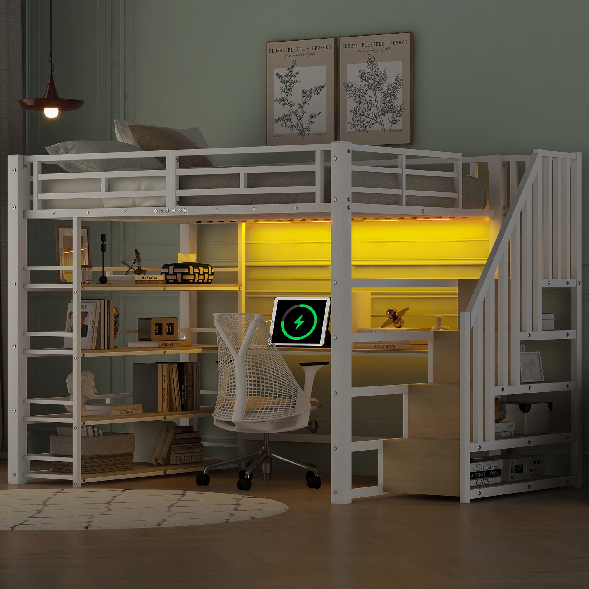 Lit mezzanine 140x200 blanc métal avec escalier, bureau intégré, rangements, LED et USB