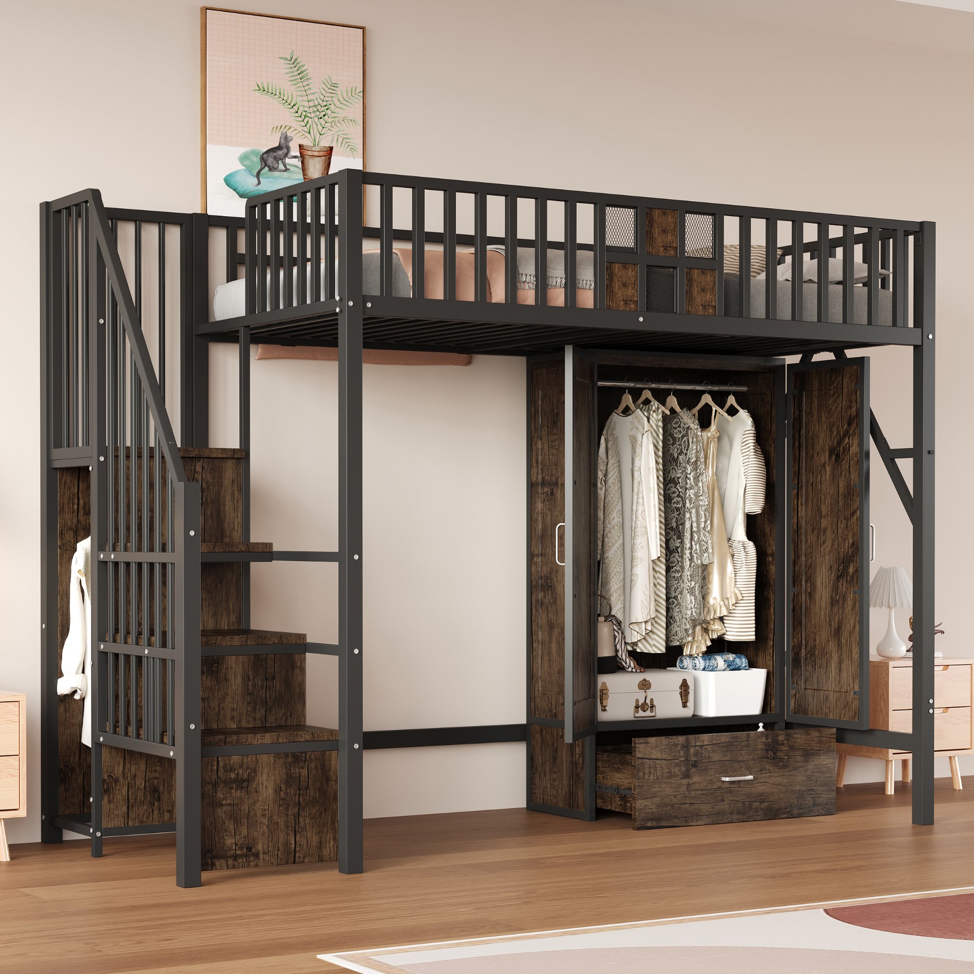 Lit mezzanine 90x200 avec échelle de rangement et armoire intégrée, adulte, métal et bois, noir