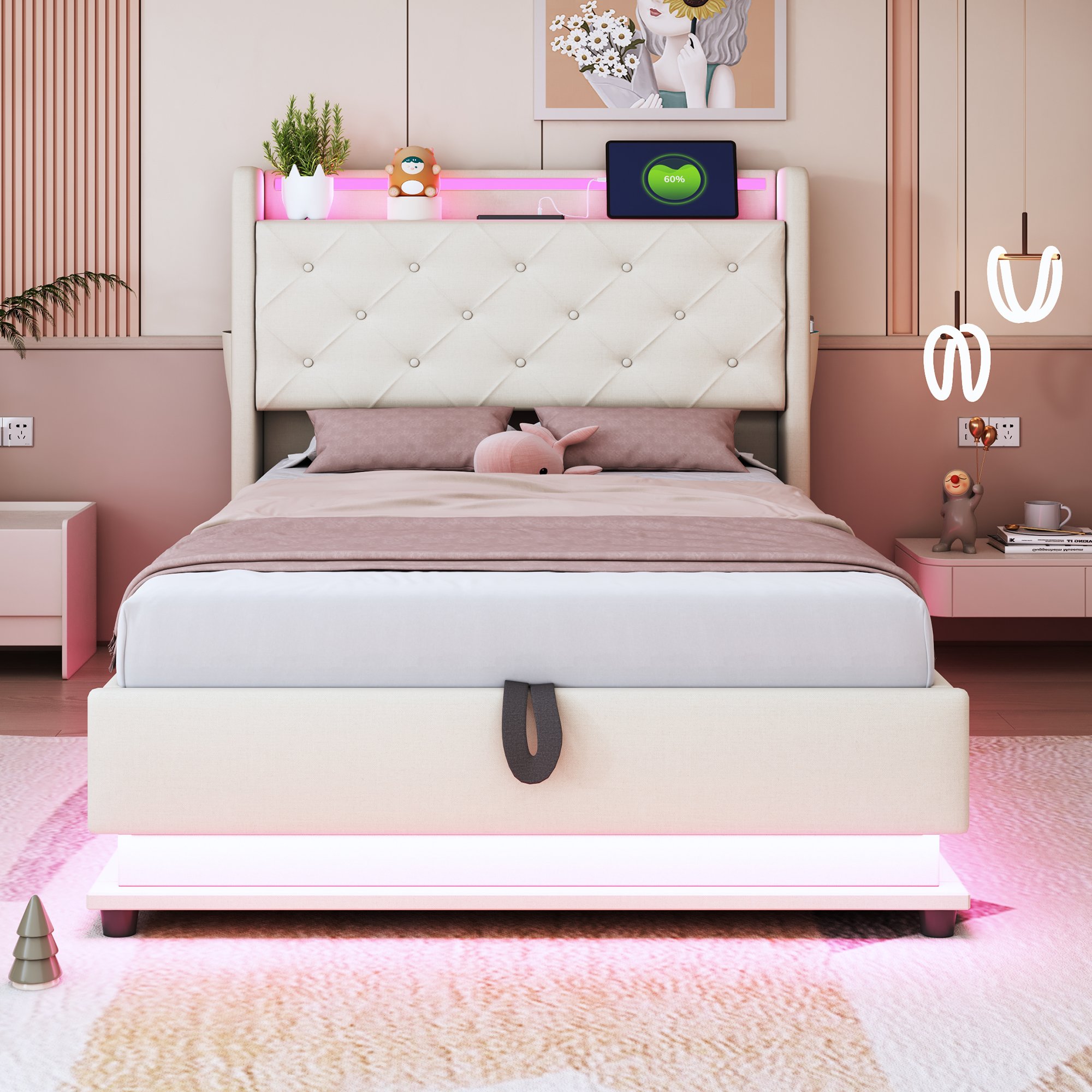 Lit coffre 90x200 en lin beige, structure métal et bois, avec rangement hydraulique et LED