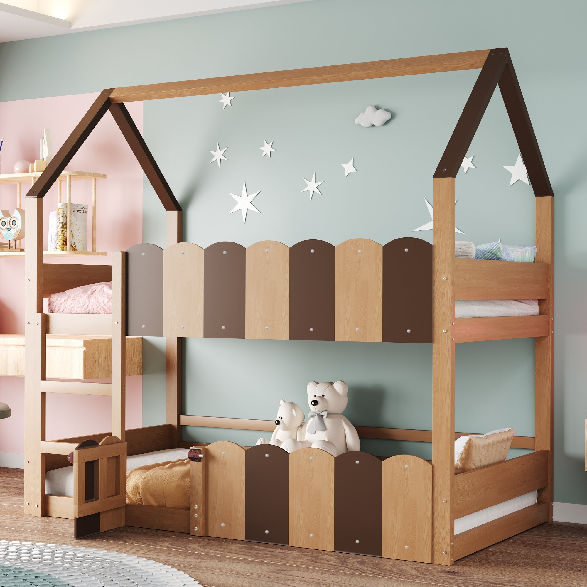 Lit superposé enfant 90x200 en bois naturel avec porte inférieure et échelle droite, sécurité renforcée