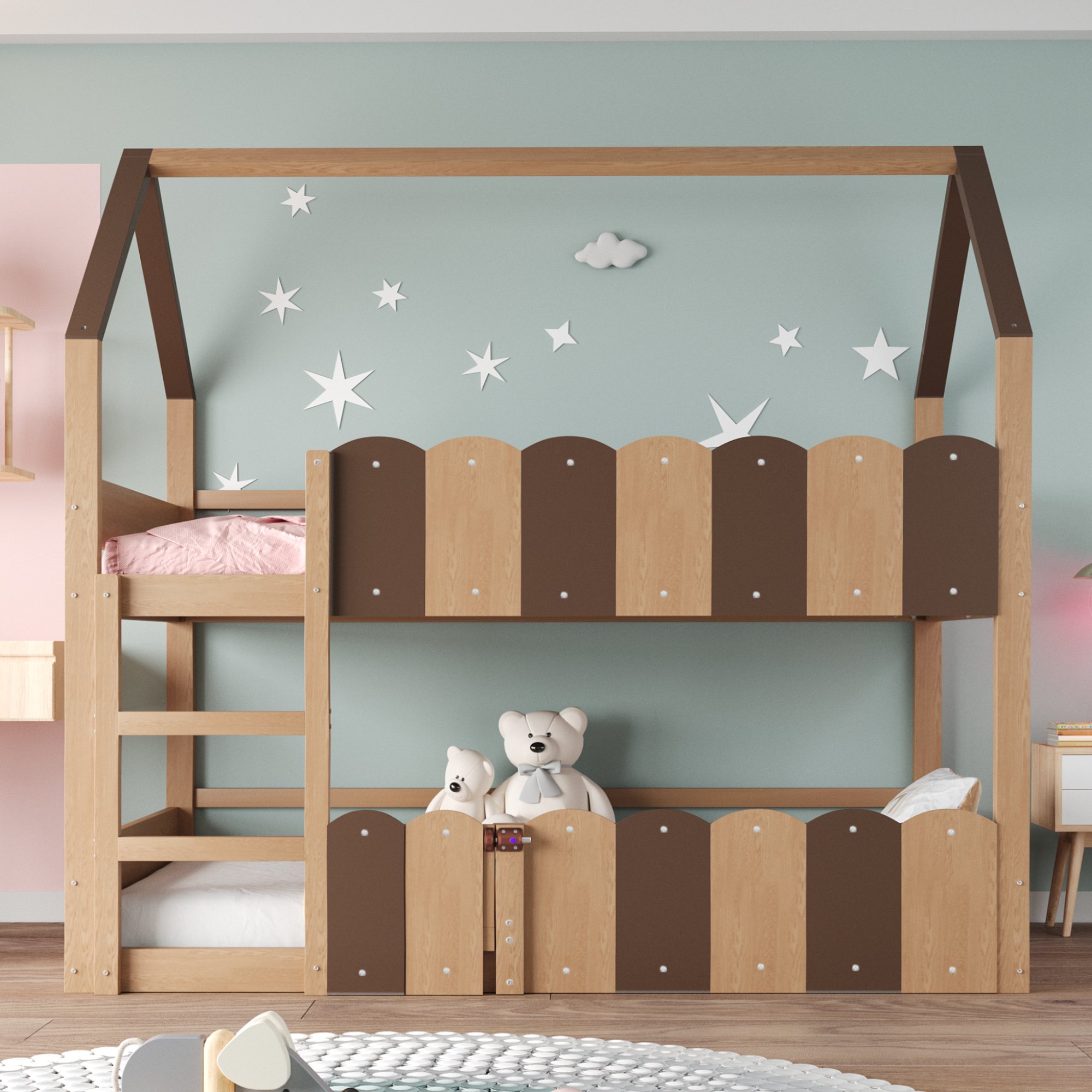 Lit superposé enfant 90x200 en bois naturel avec porte inférieure et échelle droite, sécurité renforcée