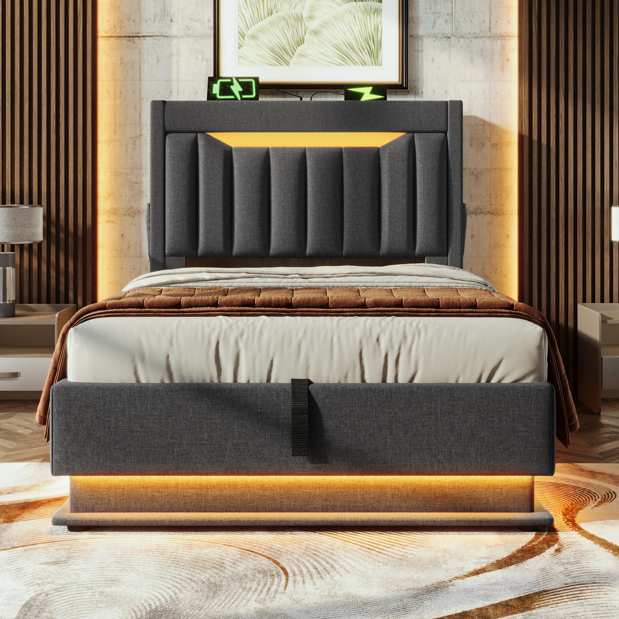 Lit coffre 90x200 gris en tissu lin avec LED musicale, ports USB Type-C et rangement hydraulique sous sommier à lattes