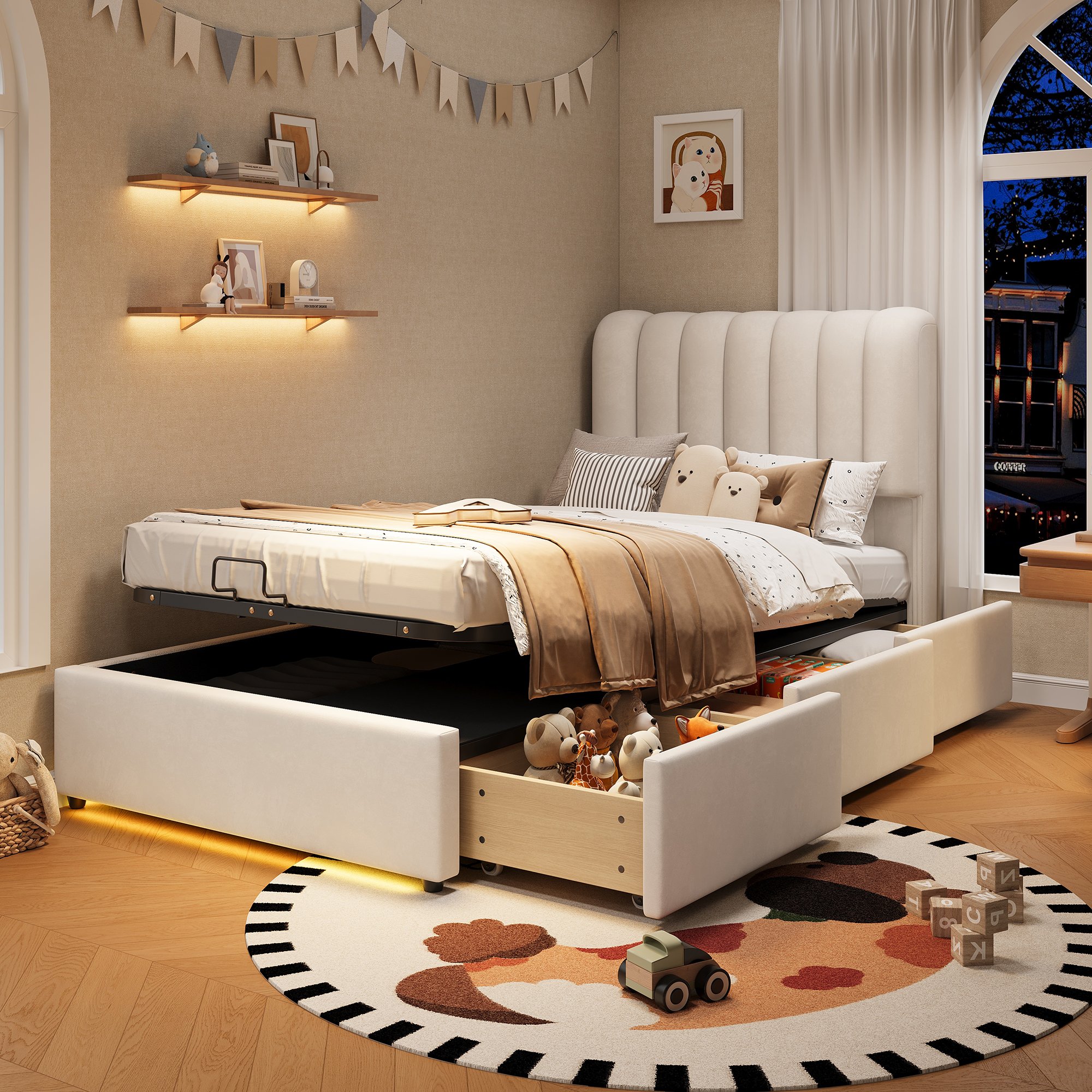Lit coffre 90x200 avec vérin hydraulique, 3 tiroirs latéraux, LED et velours beige, pour chambre d'enfant