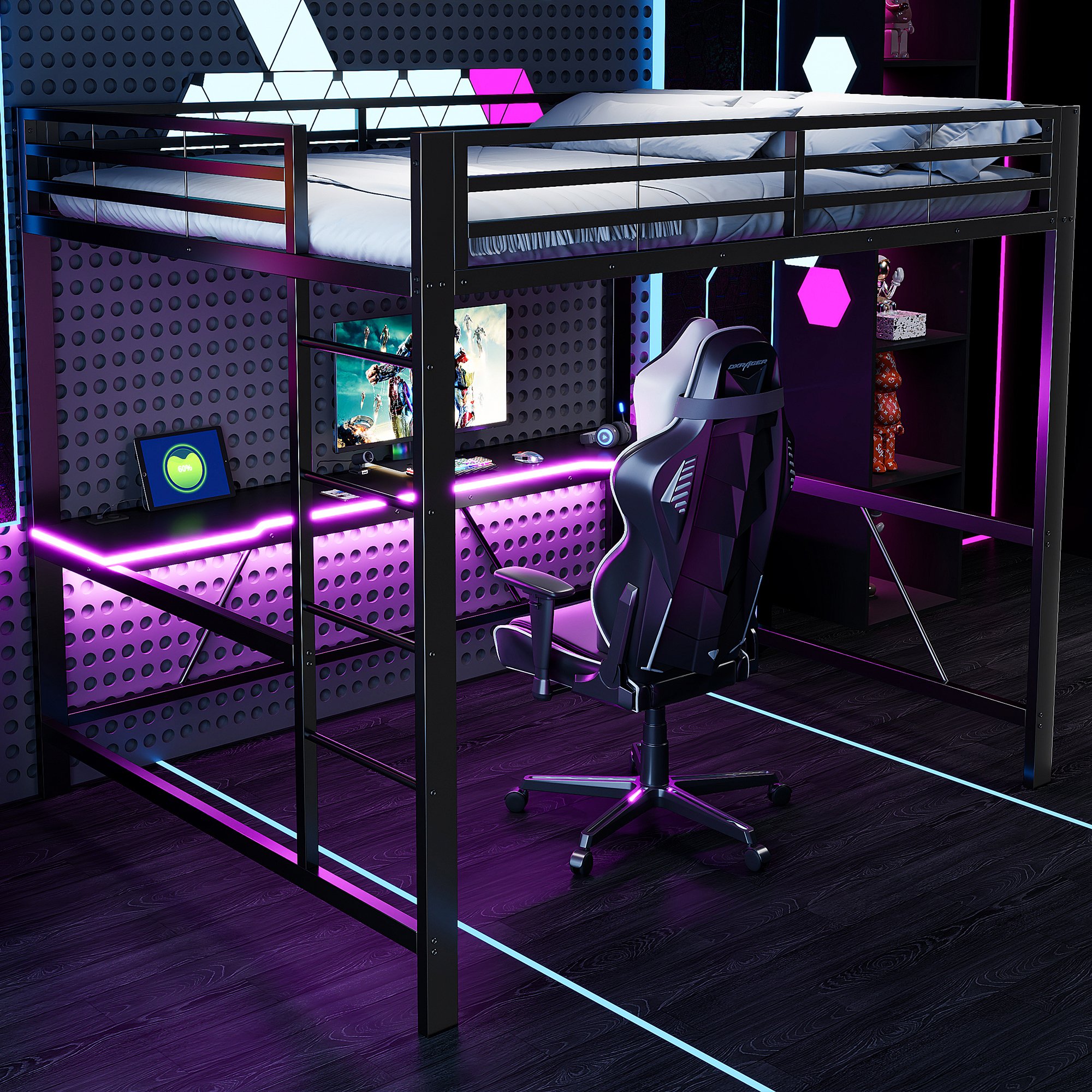 Lit mezzanine avec bureau intégré, éclairage LED et charge USB, couchage 160x200