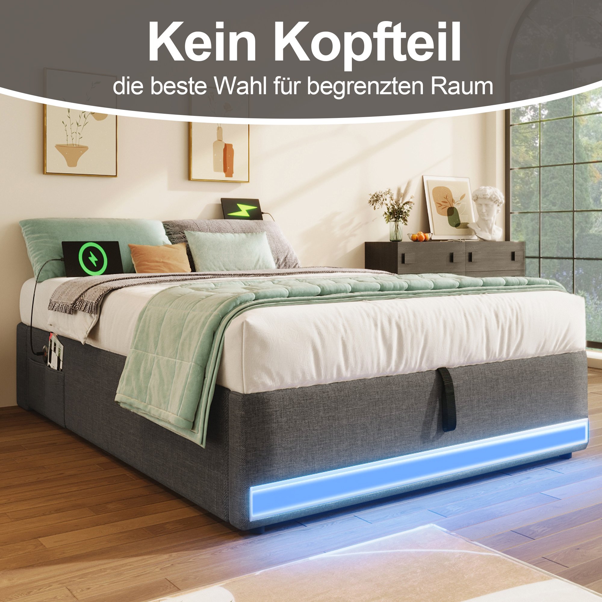 Lit coffre 90x200 en lin gris avec rangement hydraulique, LED, USB et Type-C