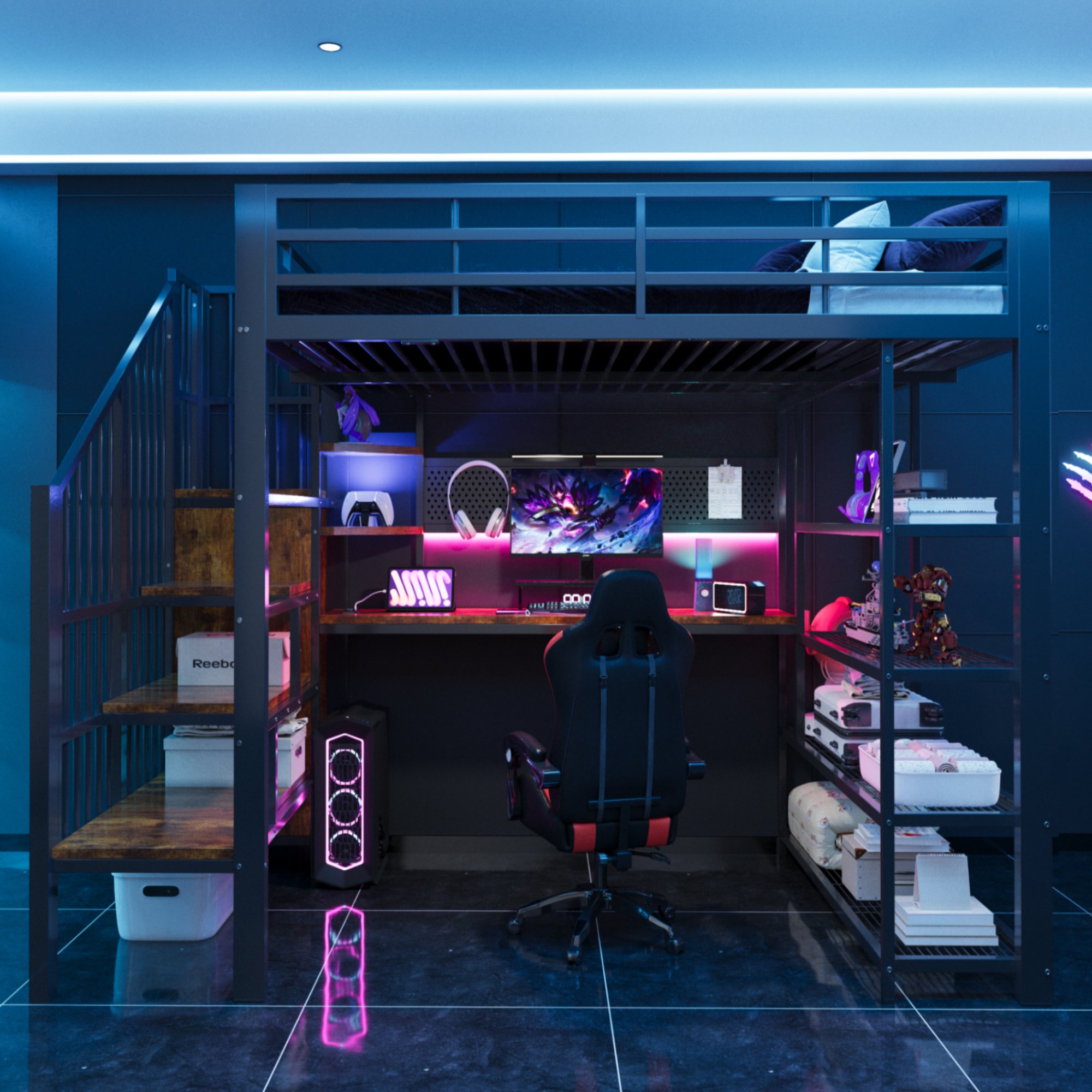 Lit mezzanine 140x200 avec bureau intégré, rangements, LED et prises, structure métallique noire