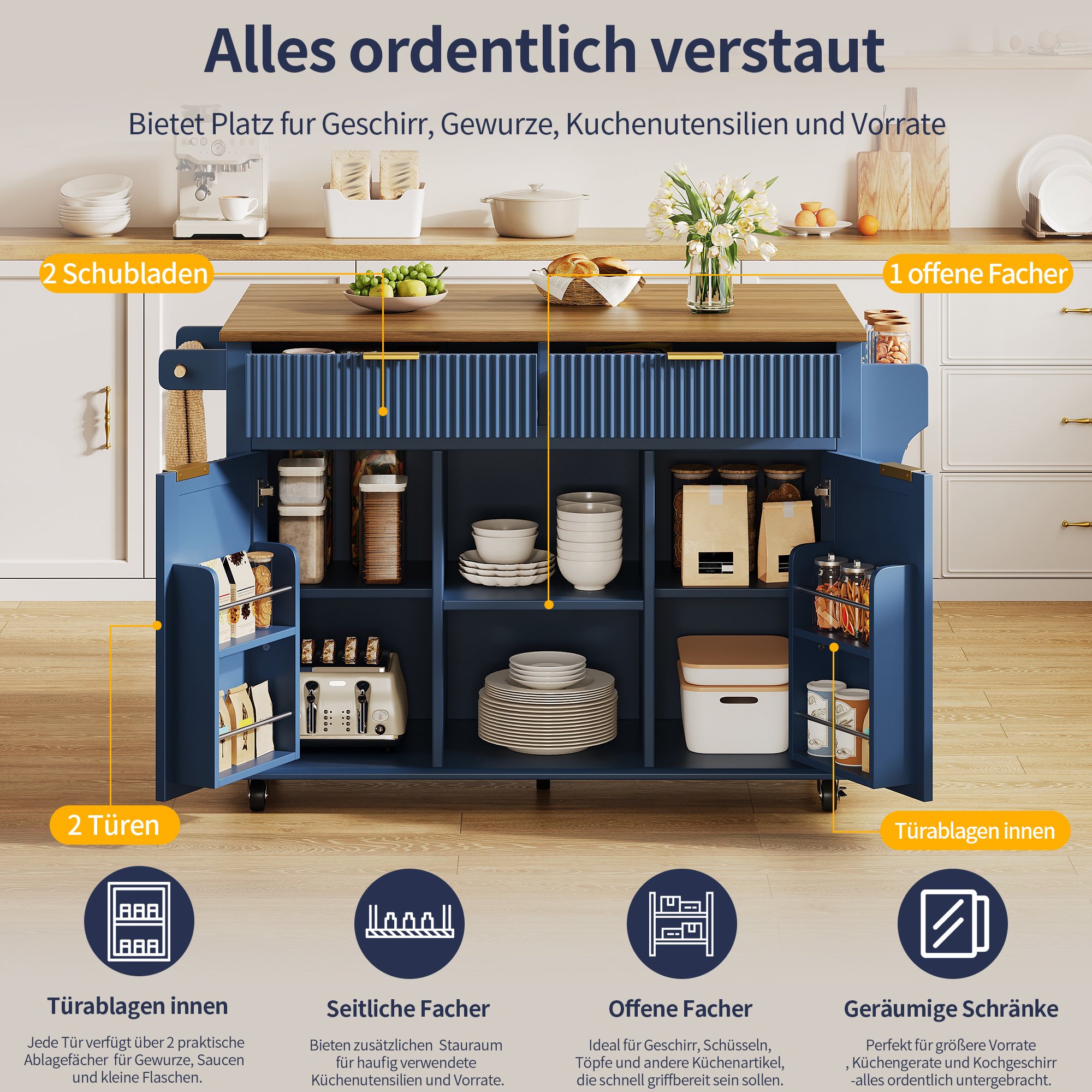 Îlot de cuisine sur roulettes 120x45 cm avec plan rabattable, 2 tiroirs, 2 portes, étagères à épices et porte-serviettes, bleu et marron