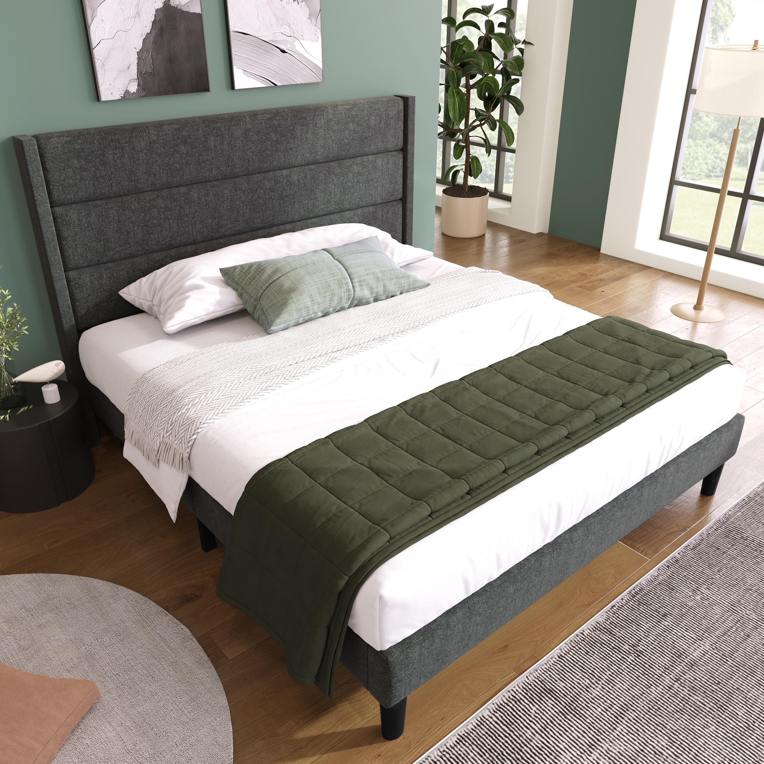 Cadre de lit 140x200 en tissu lin gris foncé avec structure robuste et tête de lit rembourrée douce au toucher