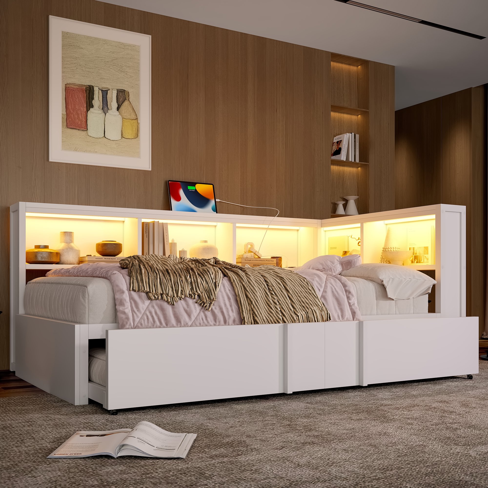 Lit gigogne 90x200 blanc en métal et Panneau composite de fibres de bois à densité avec rangements, LED et USB