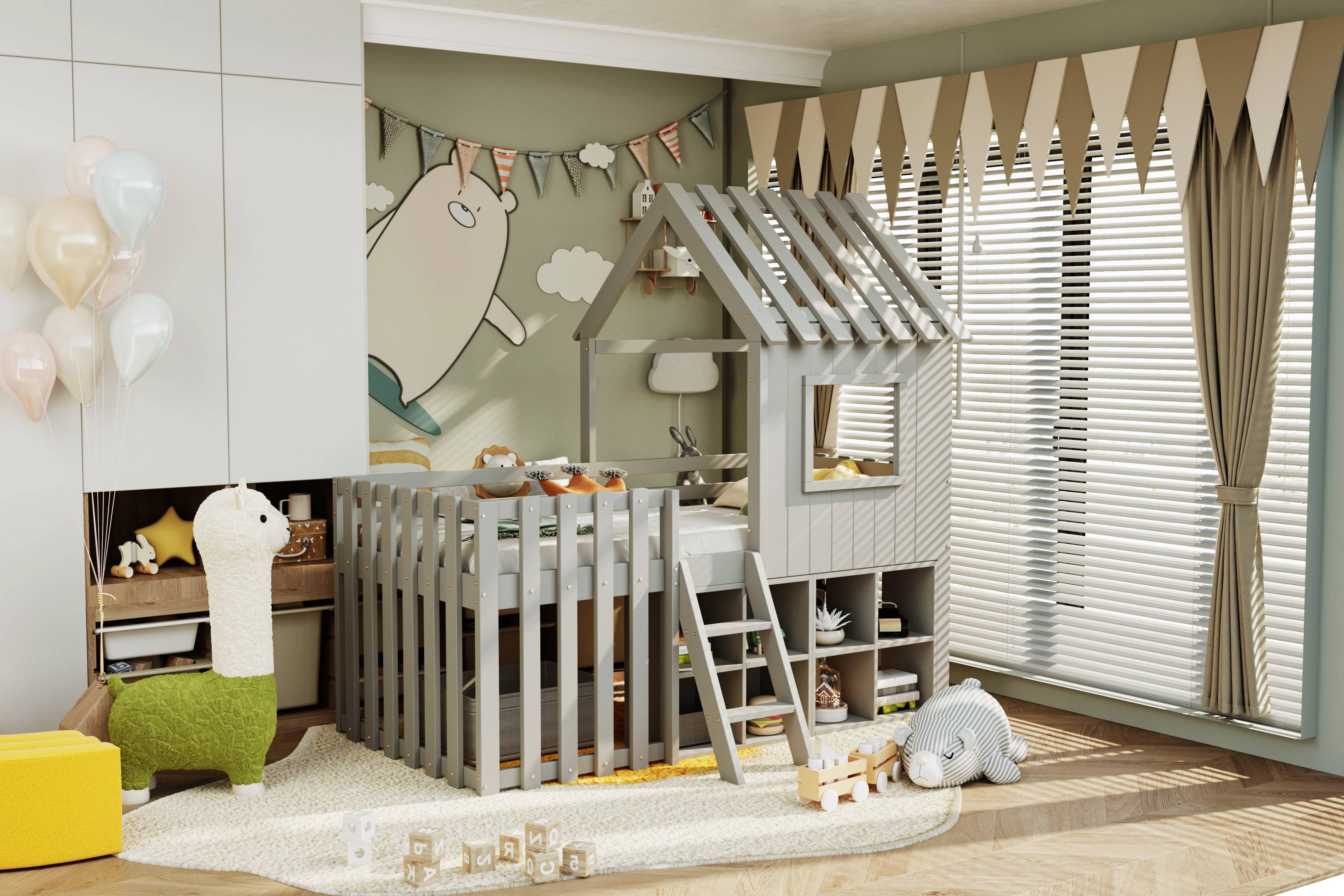 Lit cabane enfant en bois massif avec rangement et échelle, 90x200, gris