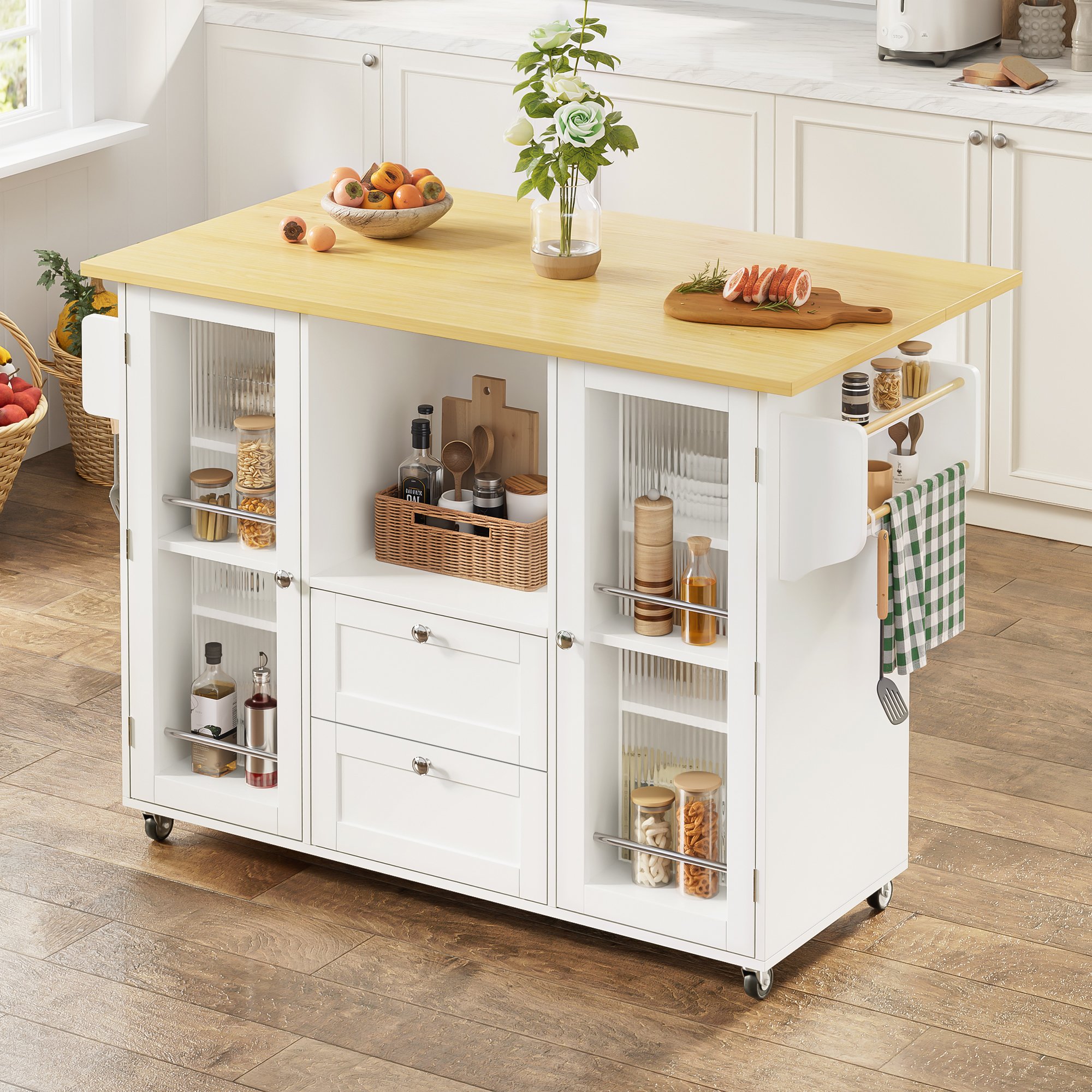 Îlot de cuisine roulant avec plan de travail rabattable, rangement spacieux, étagère à épices, porte-serviettes, blanc, 120 cm