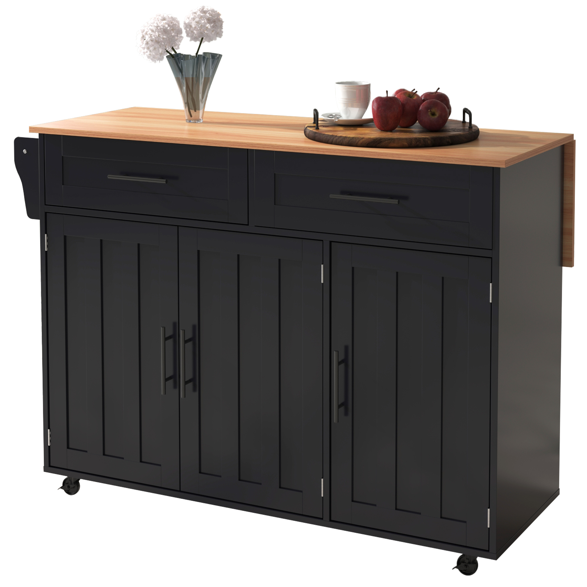 Îlot de cuisine 129x71x91,5 cm, noir et bois, avec rangements, tiroirs, table pliante, sur roulettes, pour salle à manger, 5 roues