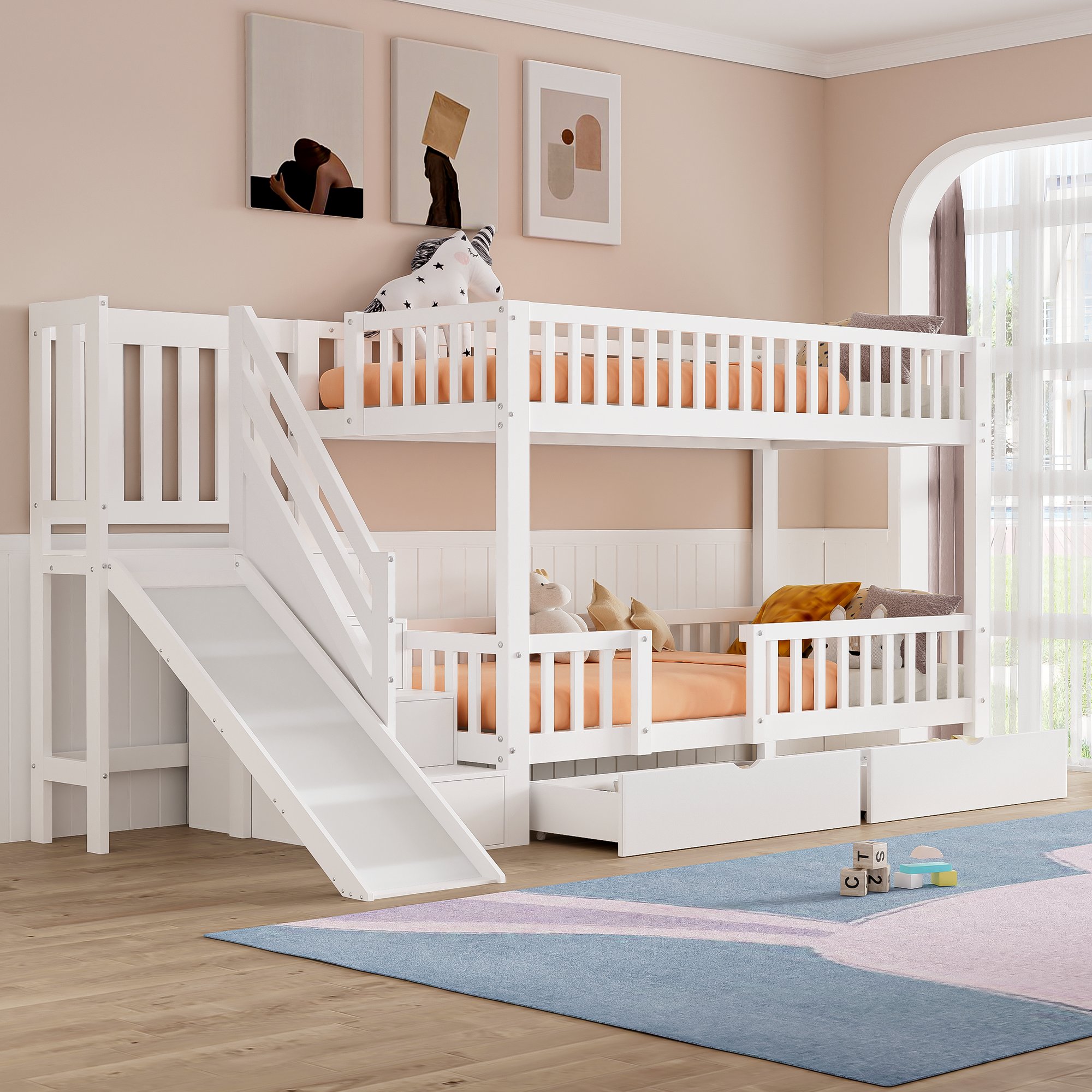 Lit superposé enfant 90x200 cm, dimensions totales 293,5 x 154,5 x 150 cm, bois massif blanc avec rangements et toboggan