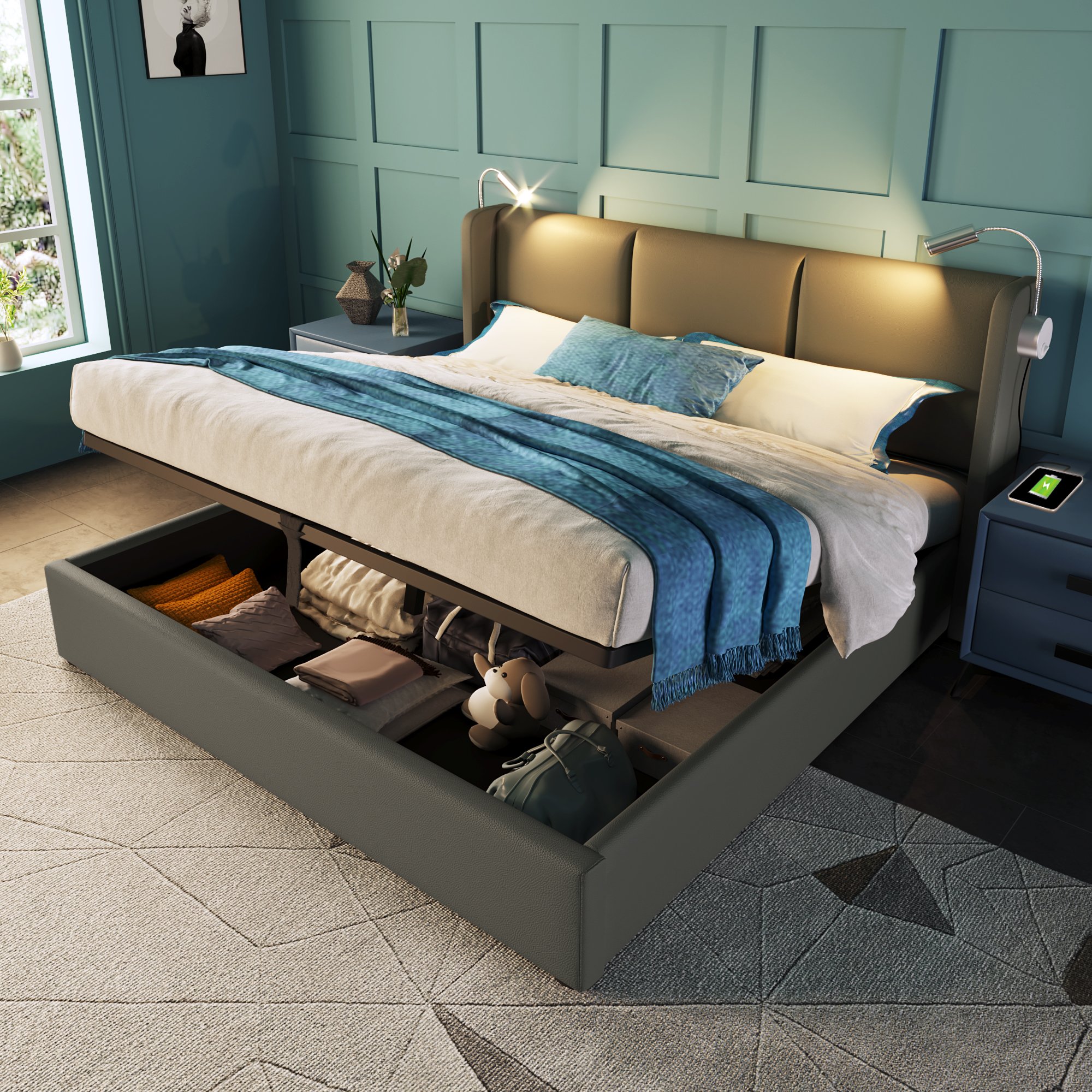lit coffre 140x200 cm avec rangement profond, tête de lit rembourrée et éclairage LED intégré pour chambre adulte
