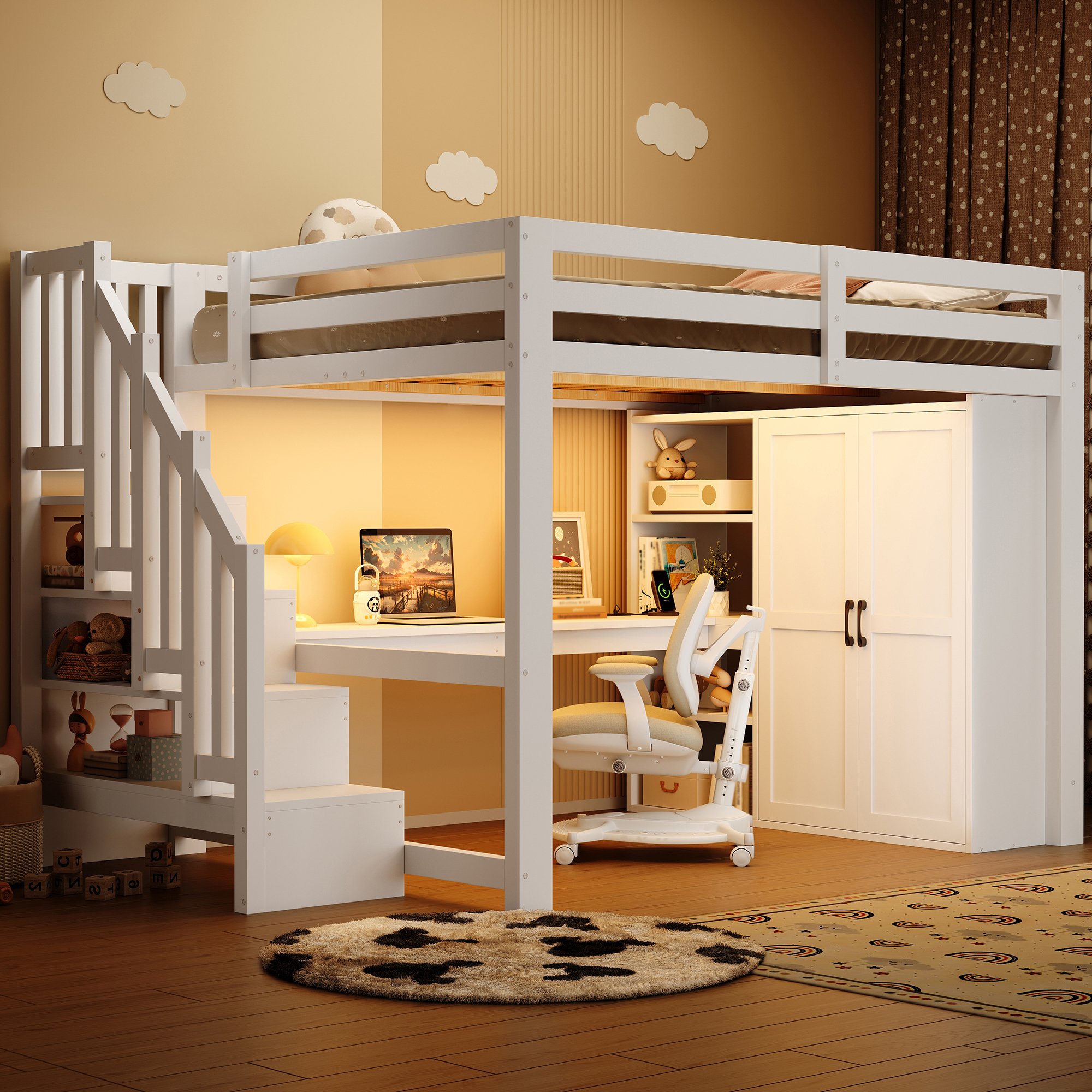 Lit mezzanine 140x200 avec bureau intégré, armoire et éclairage LED, escalier avec rangements, blanc
