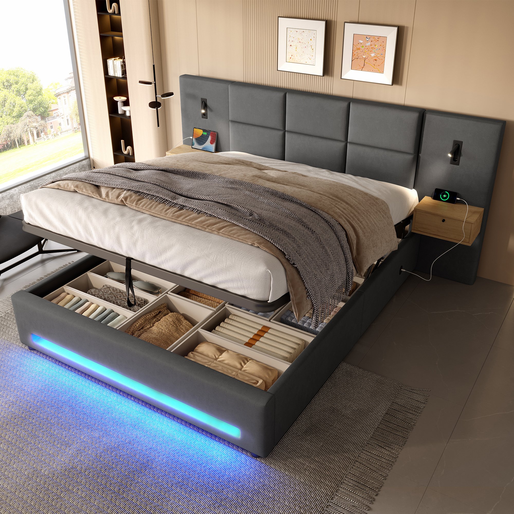 Lit coffre 180x200 en velours gris foncé avec rangement hydraulique, LED, USB-C et sommier à lattes