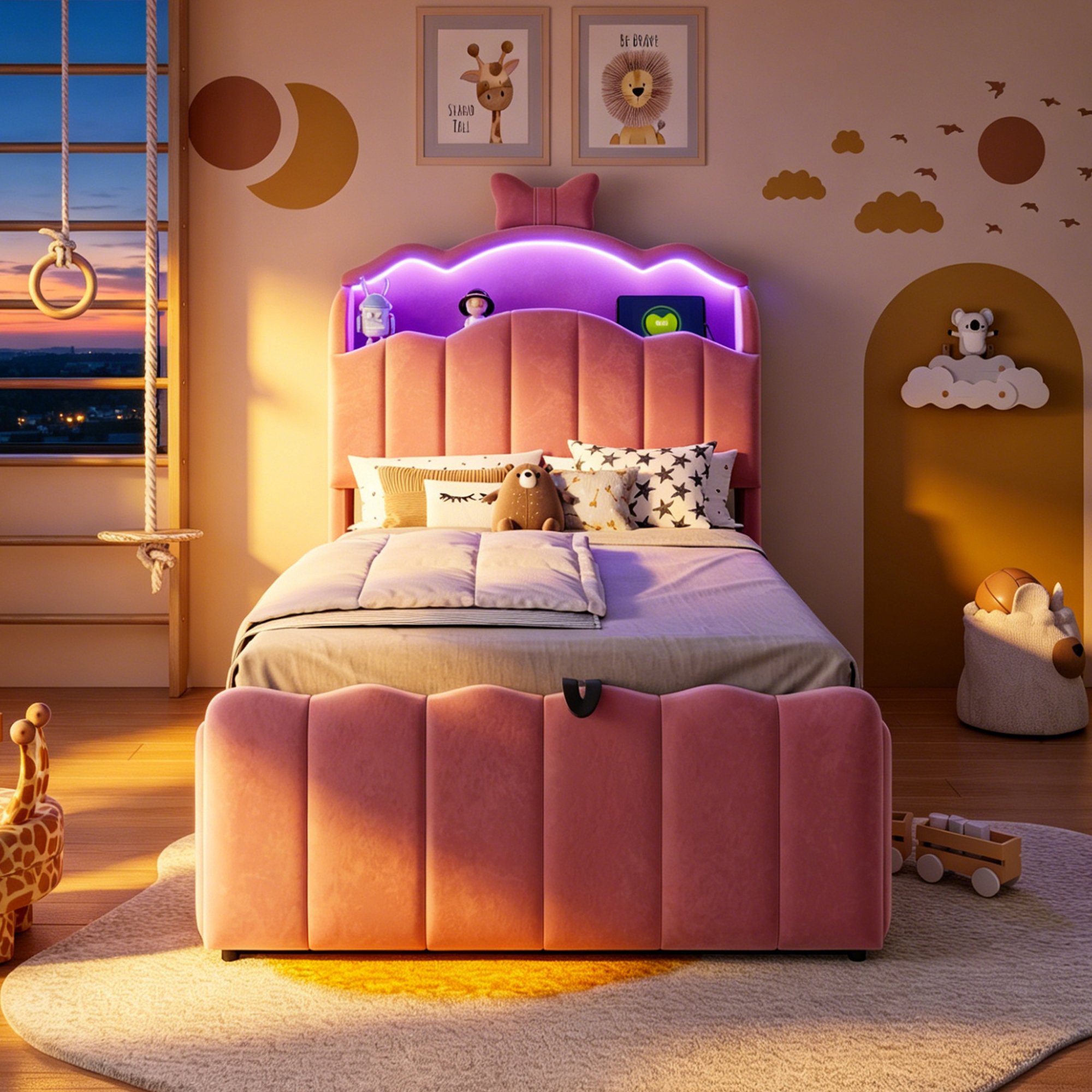 Lit coffre enfant 90x200 velours rose avec rangement hydraulique, LED et ports USB