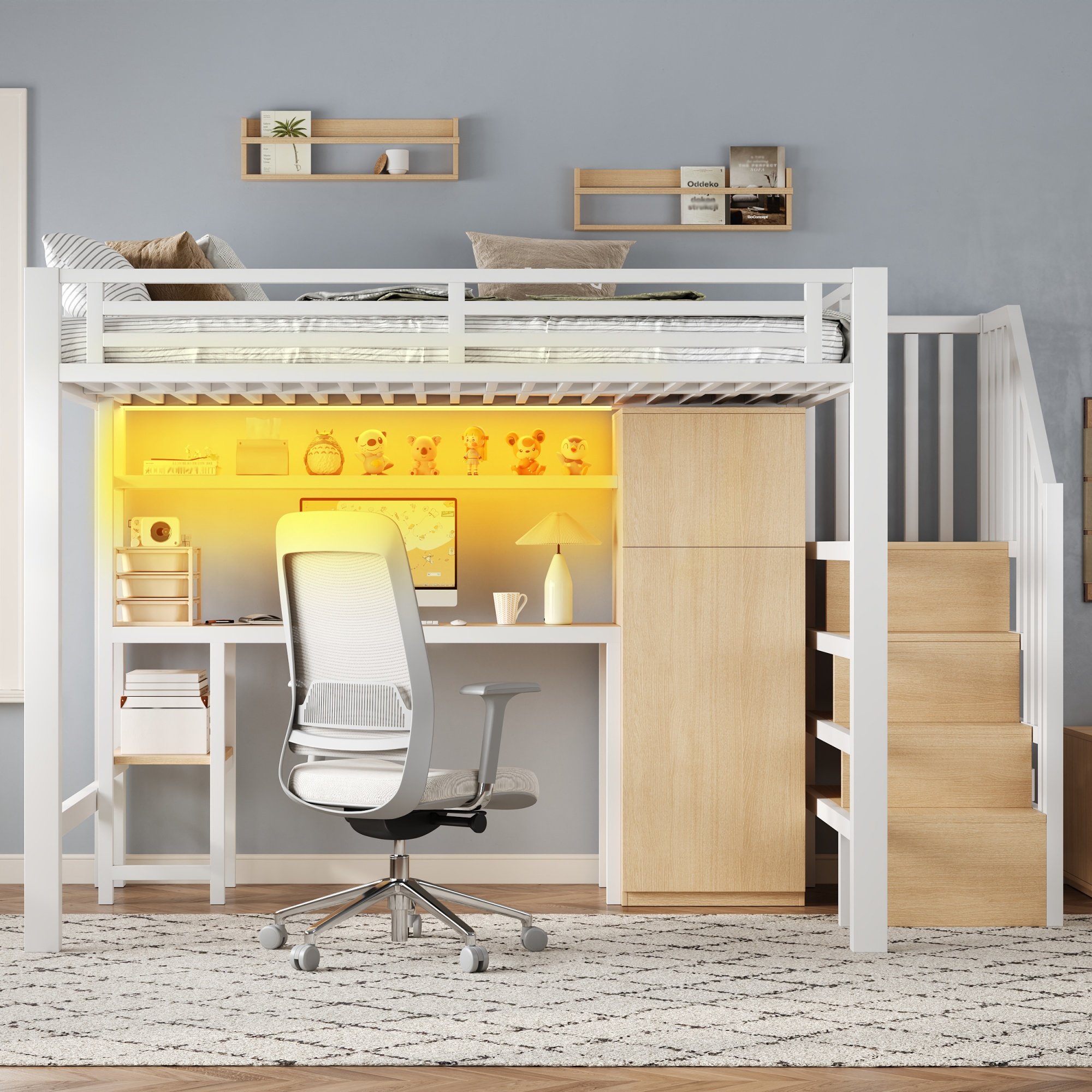 Lit mezzanine 140x200 blanc métal avec bureau, armoire, étagère et échelle de rangement