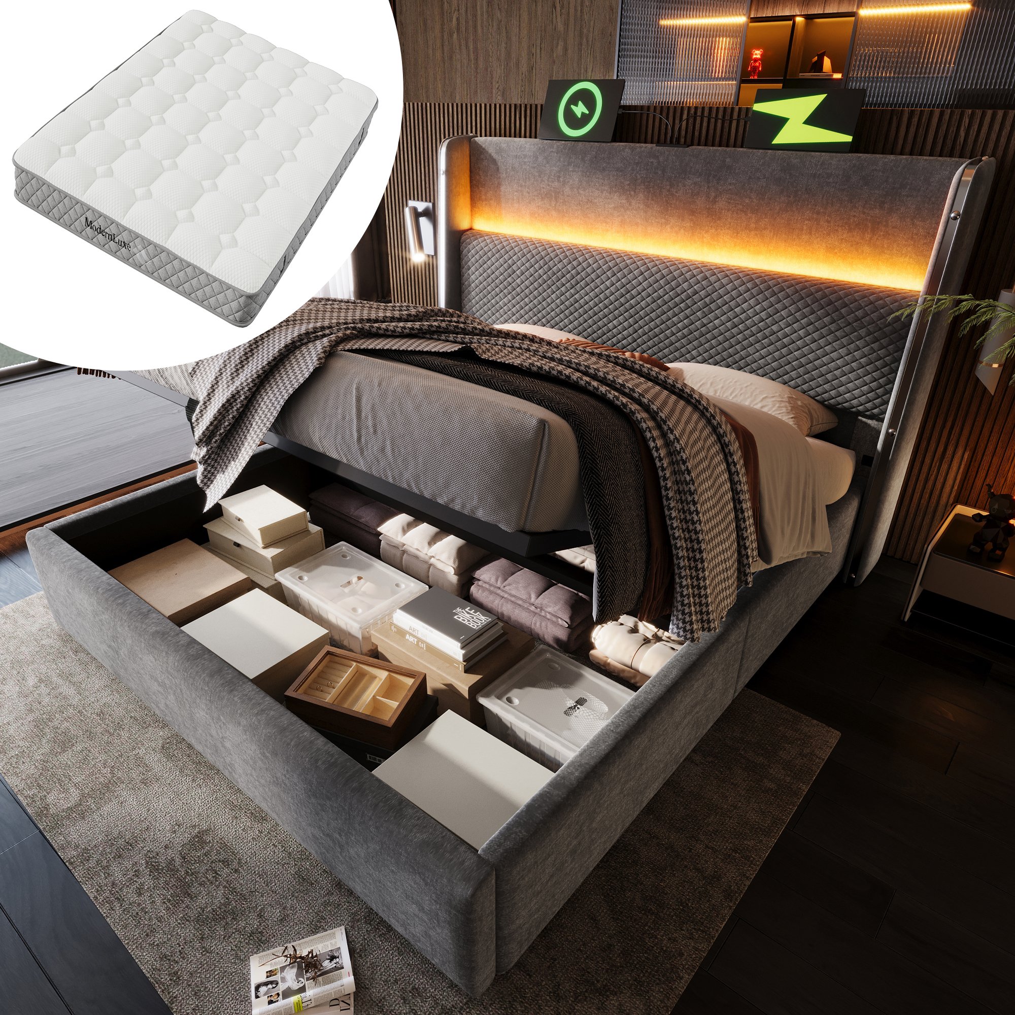 Lit coffre 160x200 gris avec matelas 7 zones, éclairage LED intelligent et stockage sous le couchage