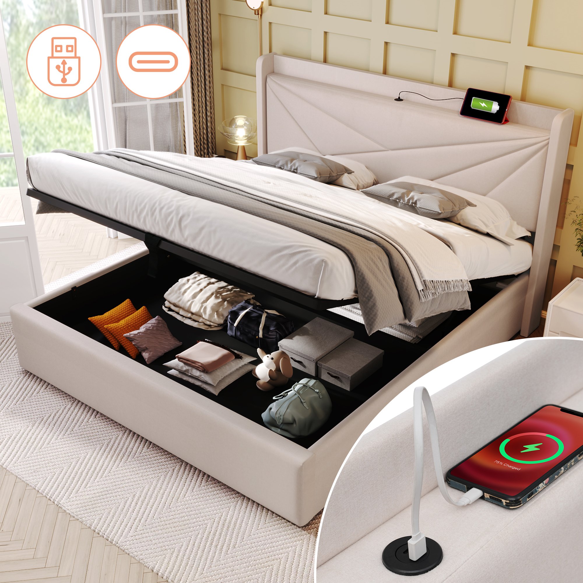 lit coffre 140x200 avec structure en métal et revêtement en coton lin beige, tête de lit rembourrée et sommier à lattes