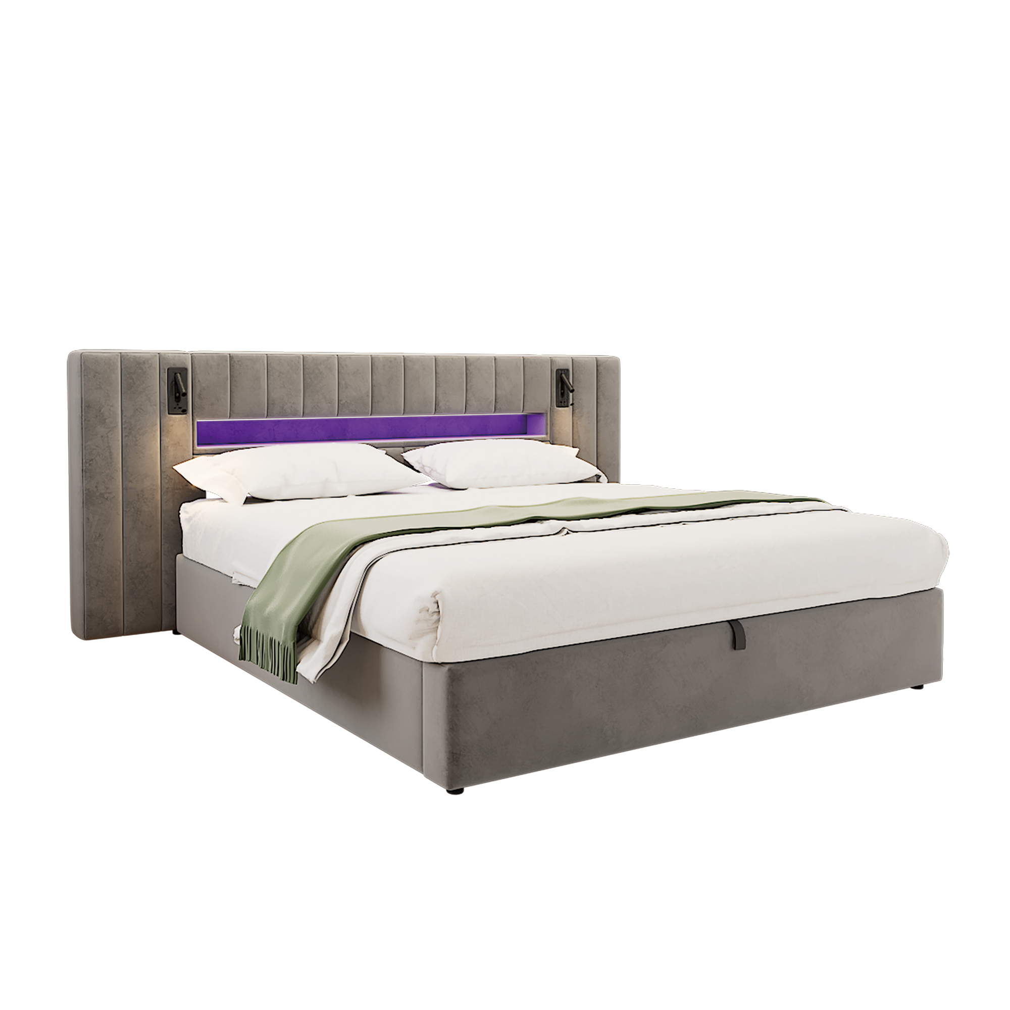 Lit coffre 180x200 cm gris velours, 2 places, avec tiroir de rangement, lumière LED à télécommande et prises USB Type-C