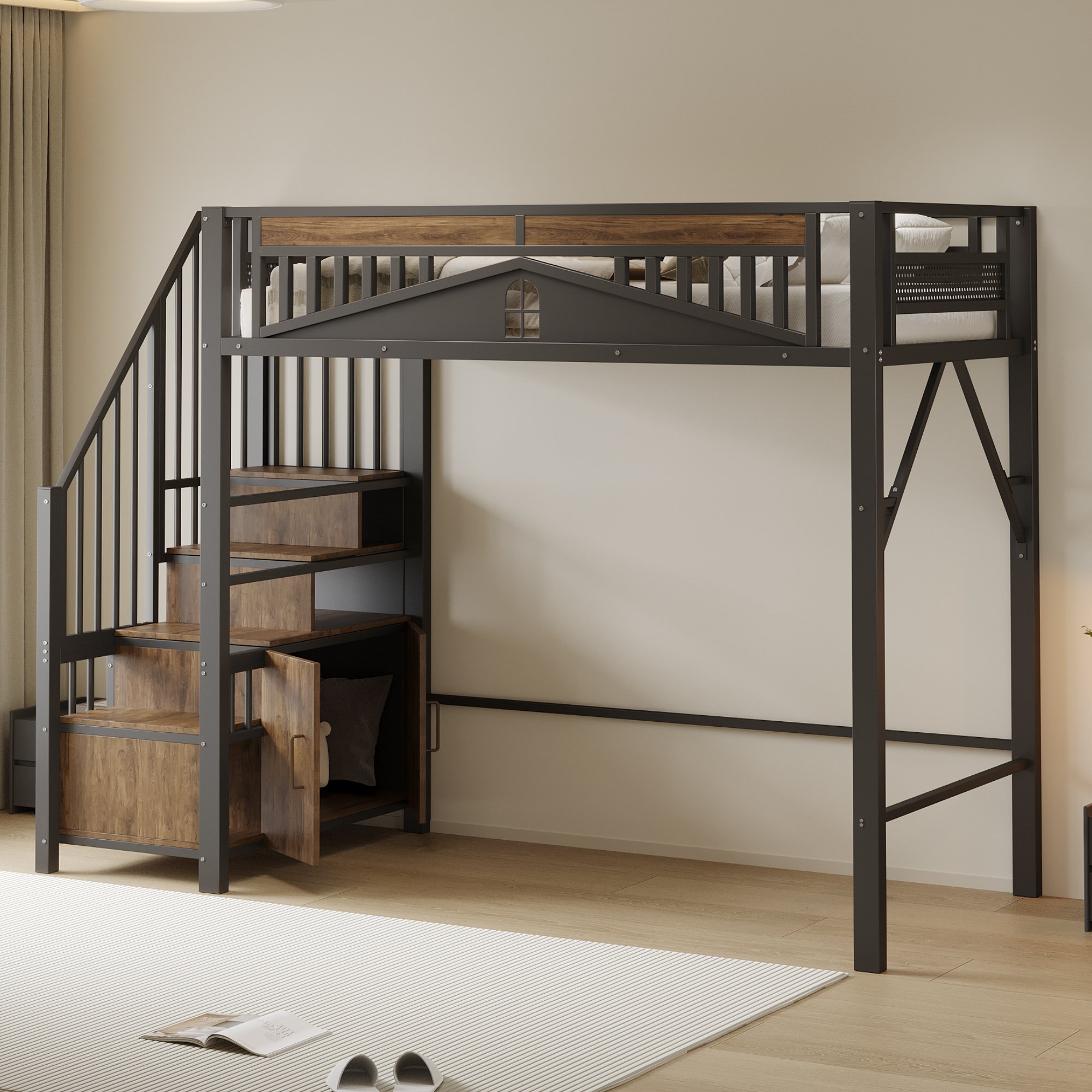 Lit mezzanine 90x200 avec escalier et rangement, métal noir, sécurité enfant