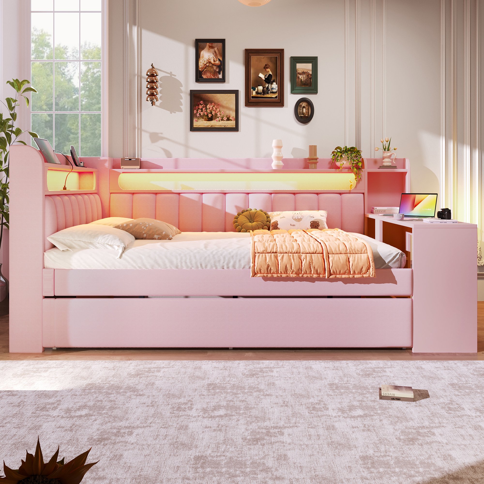 Lit gigogne 140x200 avec couchage d'appoint 90x190, LED et USB