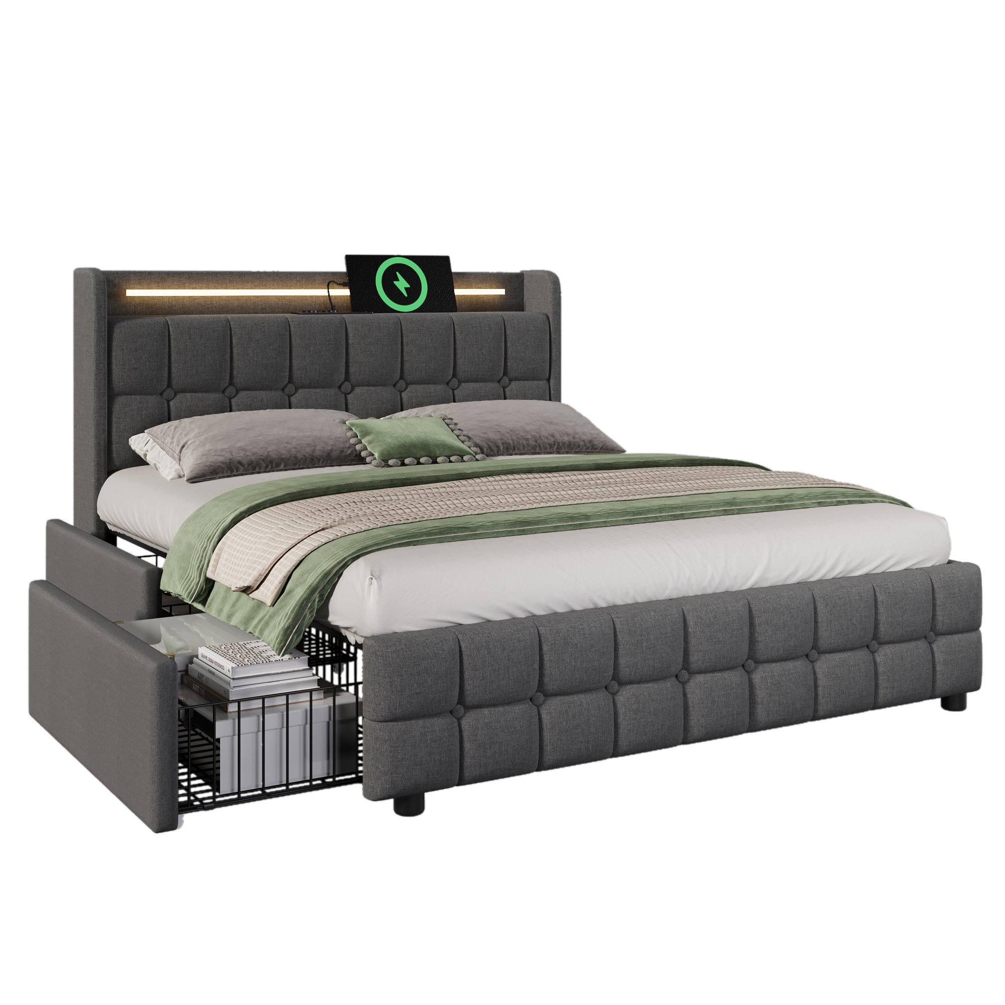 Lit coffre storage 160x200 cm gris avec LED couleur, USB, 4 tiroirs et sommier à lattes inclus