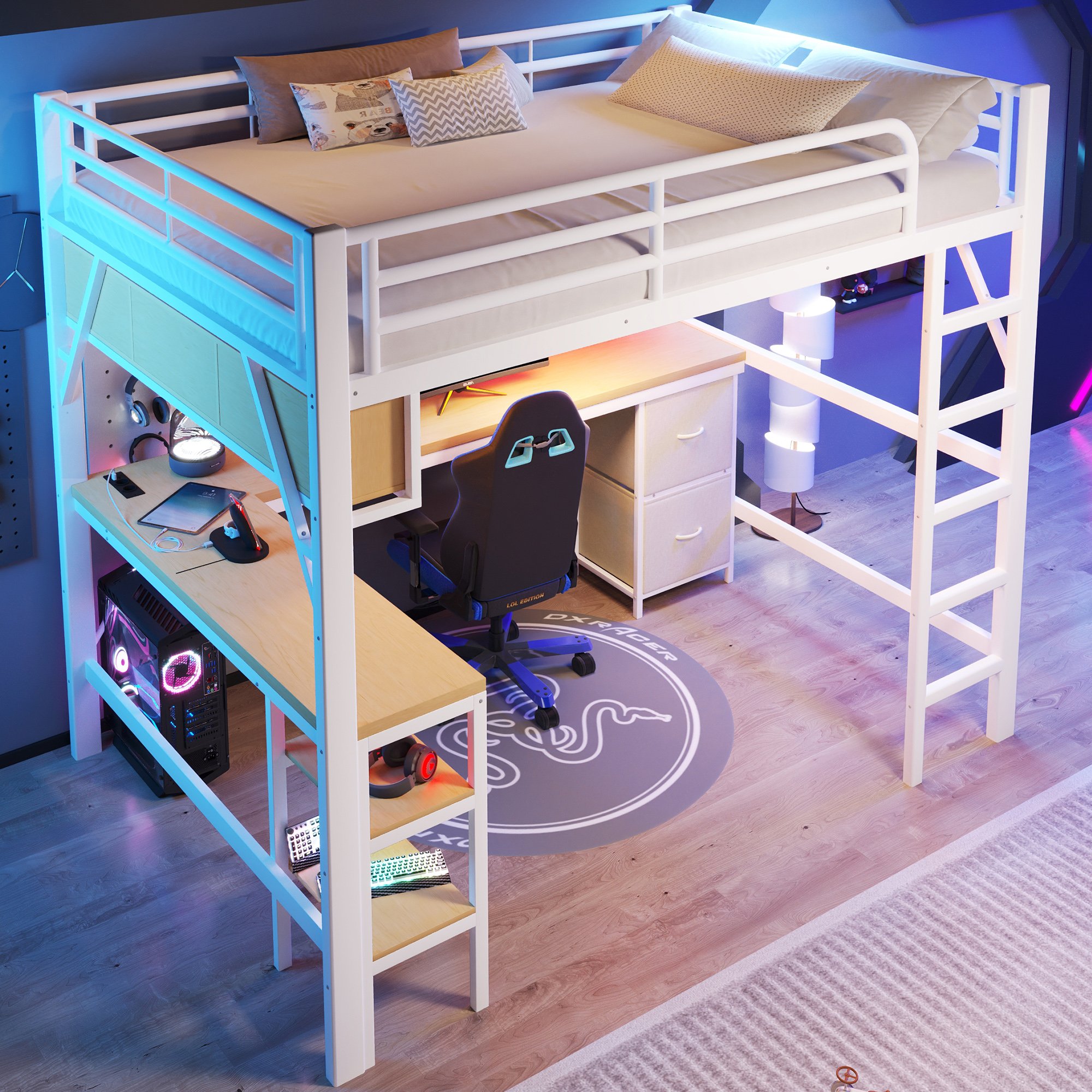 Lit mezzanine 140x200 en métal blanc avec bureau, rangements, LED et USB