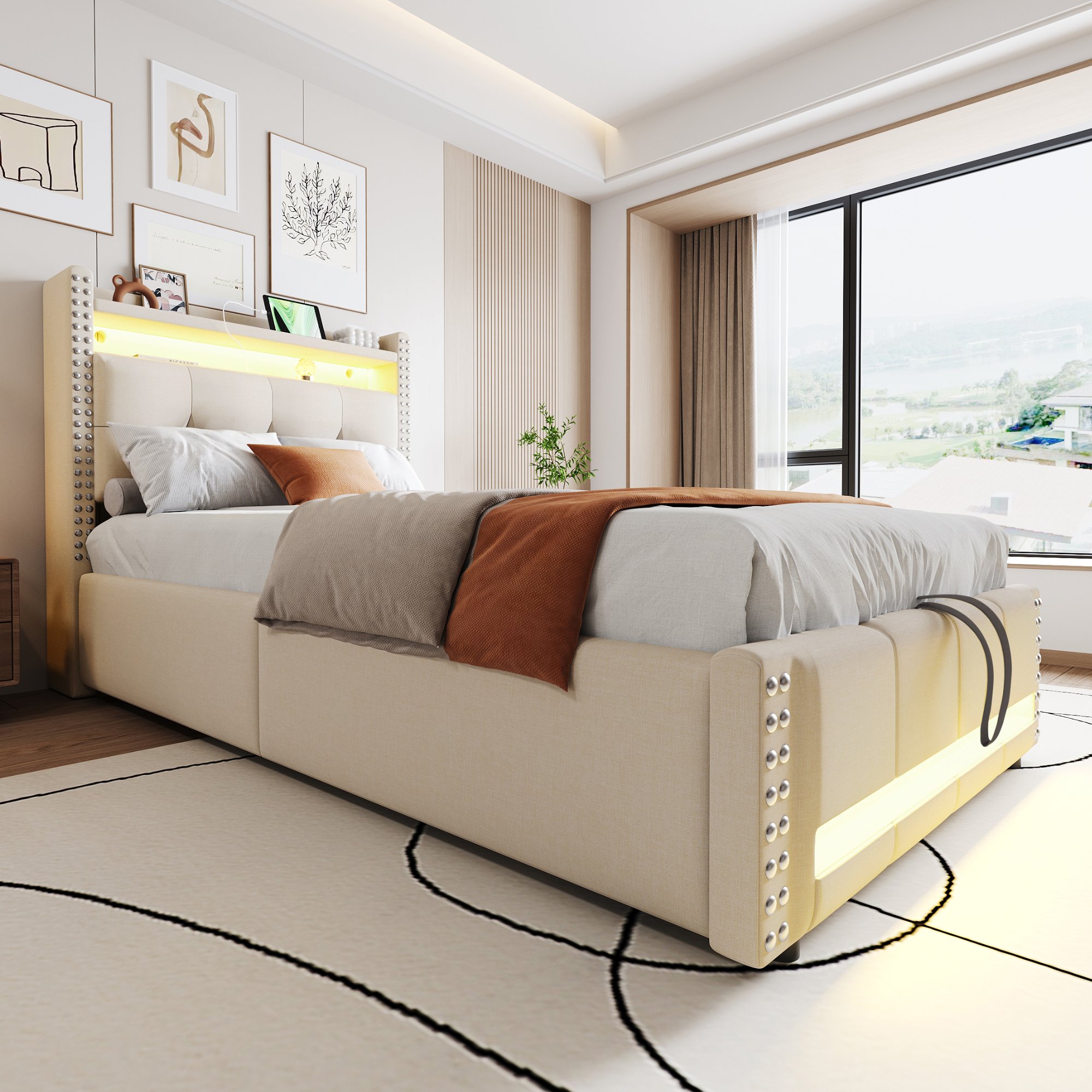 Lit coffre 90x200 cm avec sommier à lattes, LED et rangement