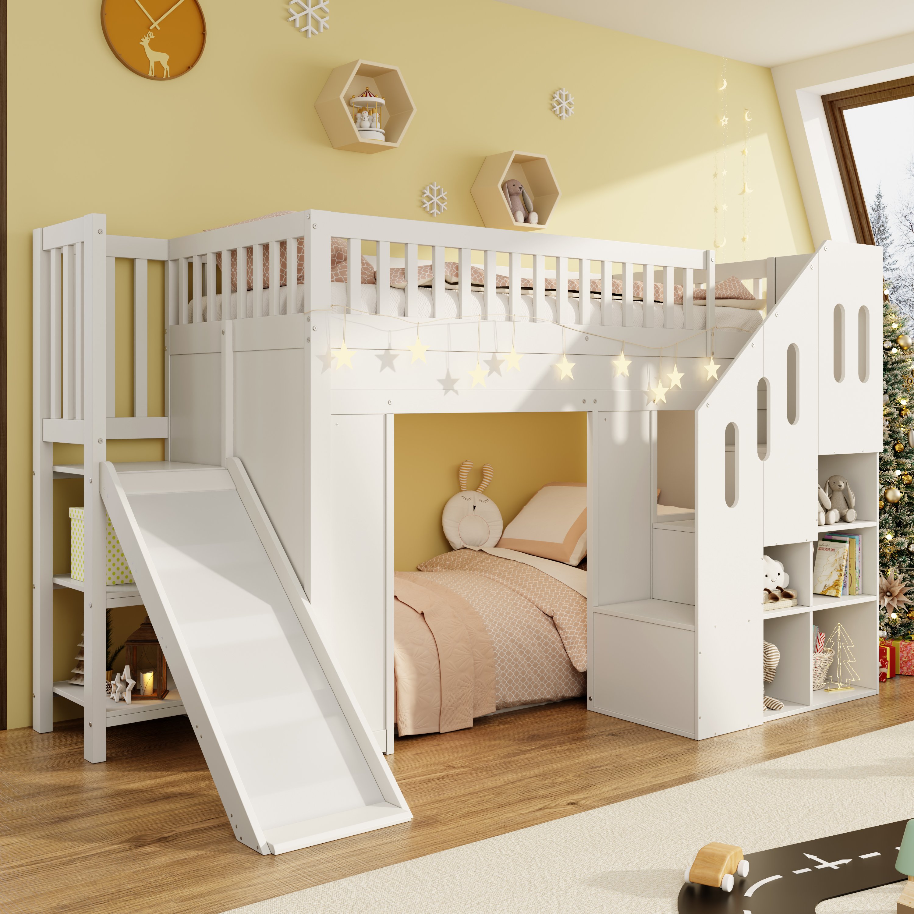 Lit superposé enfant 90x200 cm en bois massif blanc avec toboggan, escalier de rangement et barrière de sécurité