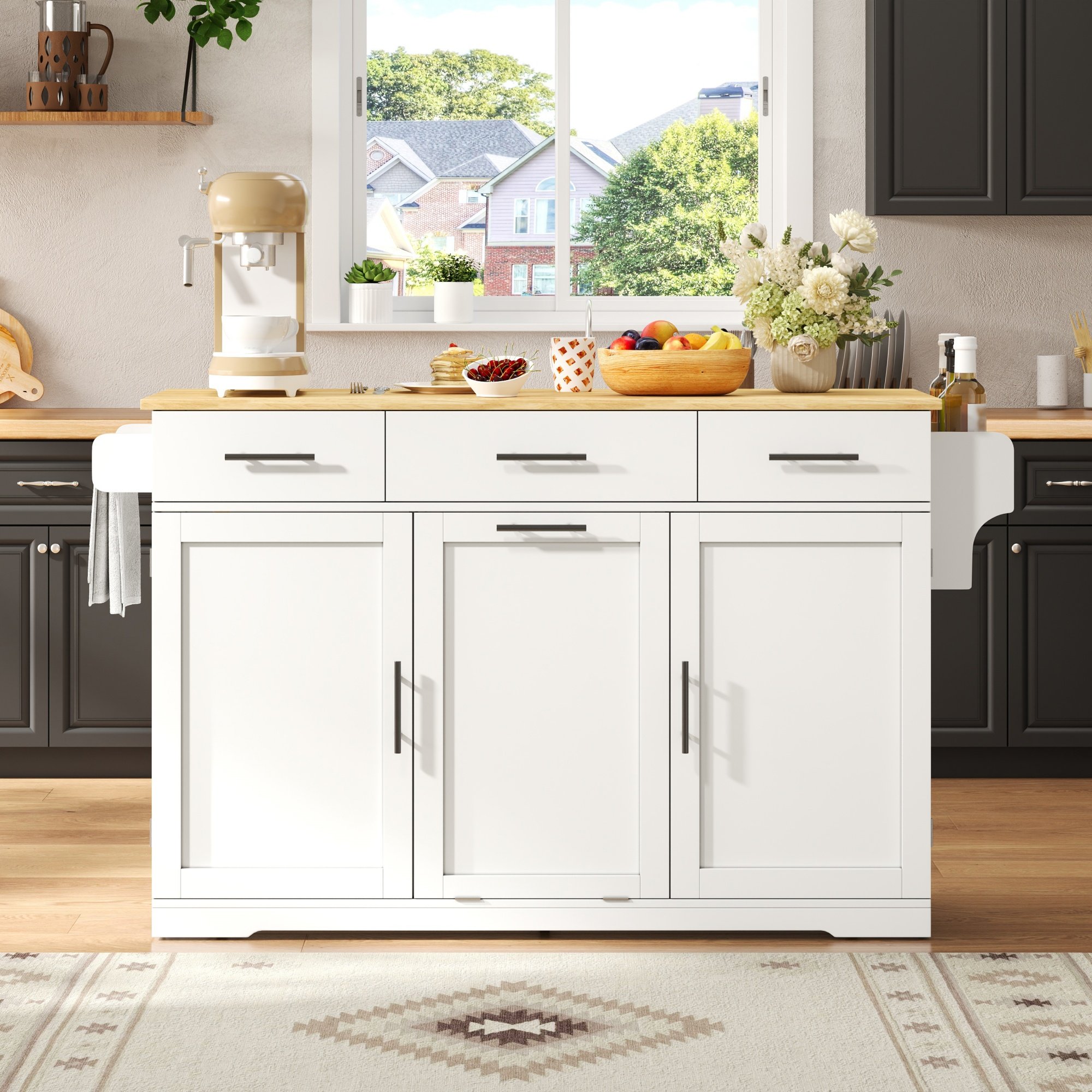 Îlot de cuisine avec rangement, blanc, sur roulettes, avec poubelle intégrée et prises USB, 136x75 cm