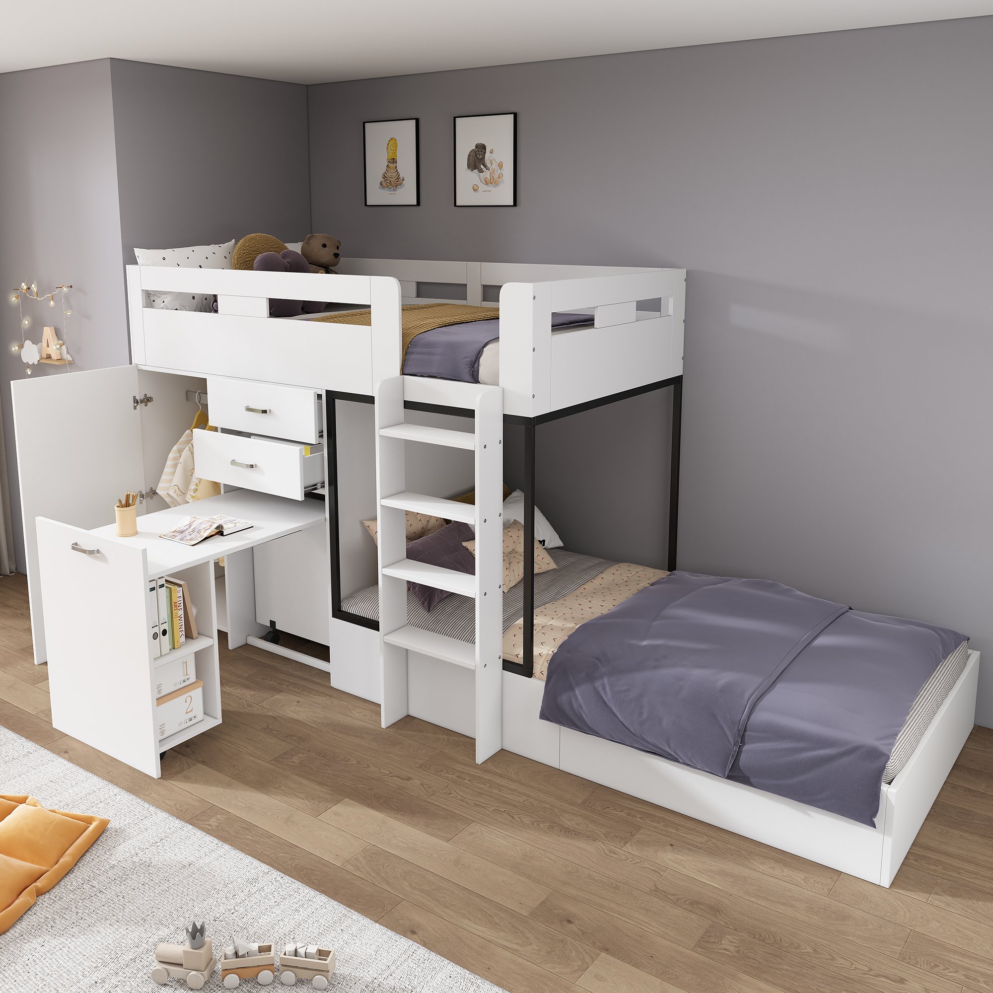 Lit superposé enfant 90x200 avec bureau escamotable, armoire et tiroirs, lit multifonction blanc noir pour gain de place