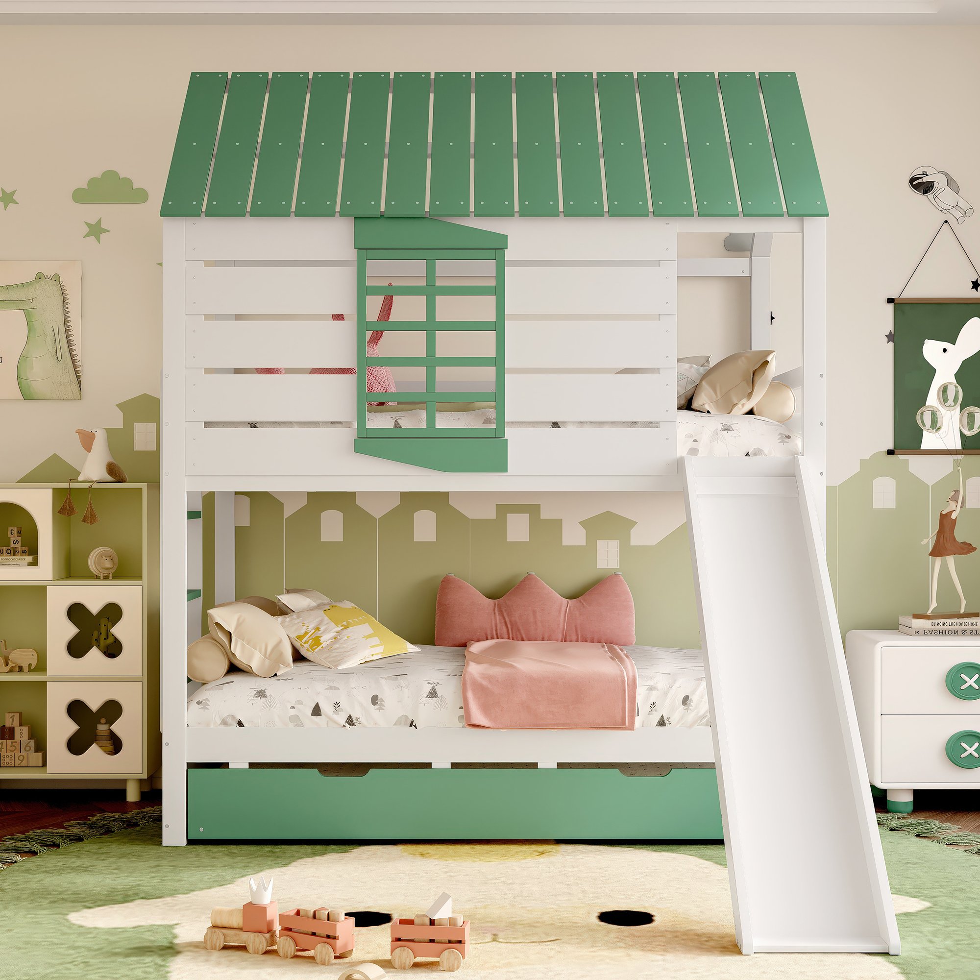 Lit superposé 90x200 avec toboggan et lit tirant, forme de maison, blanc et vert