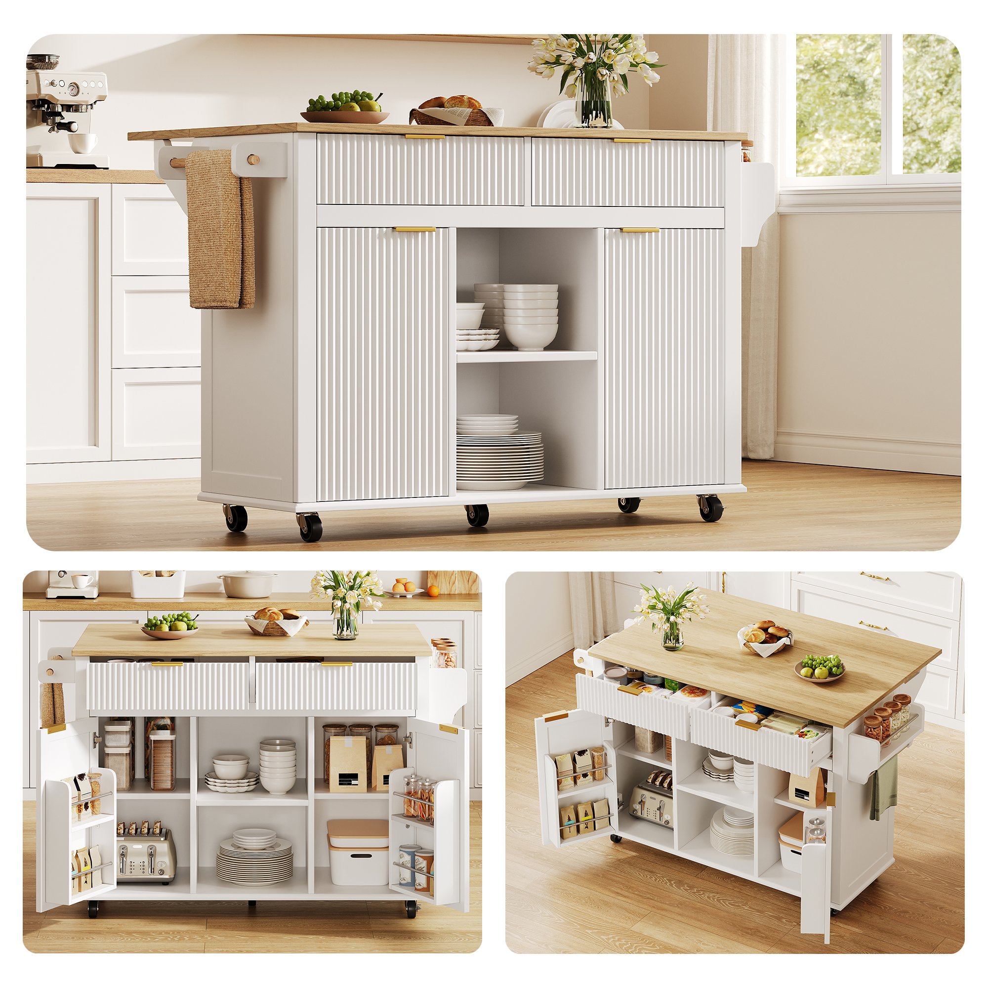Îlot de cuisine sur roulettes 120x45 cm blanc avec plan de travail rabattable, rangements, étagères à épices et porte-serviettes