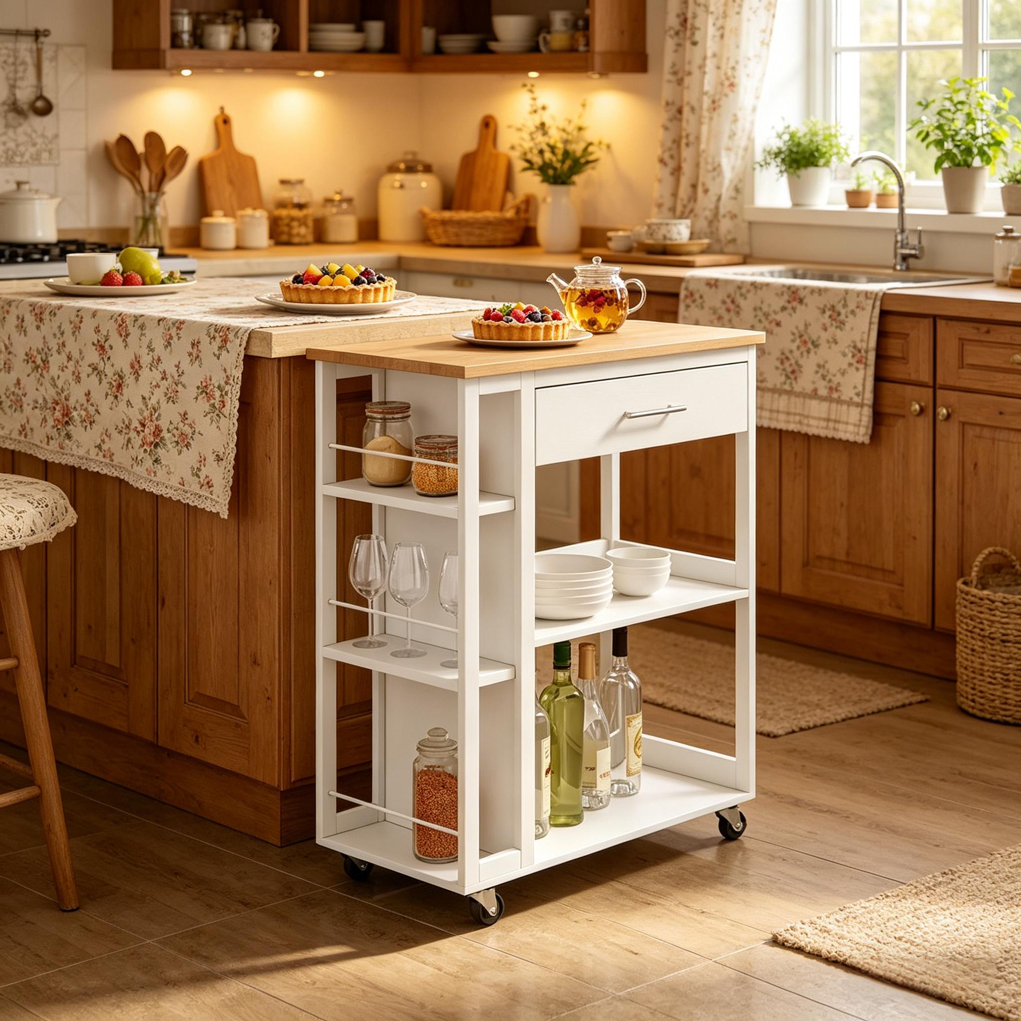 Îlot de cuisine sur roulettes blanc bois Panneau composite de fibres de bois à densité avec tiroir, étagères et plan de travail 73x38 cm, rangement pour cuisine ou salon