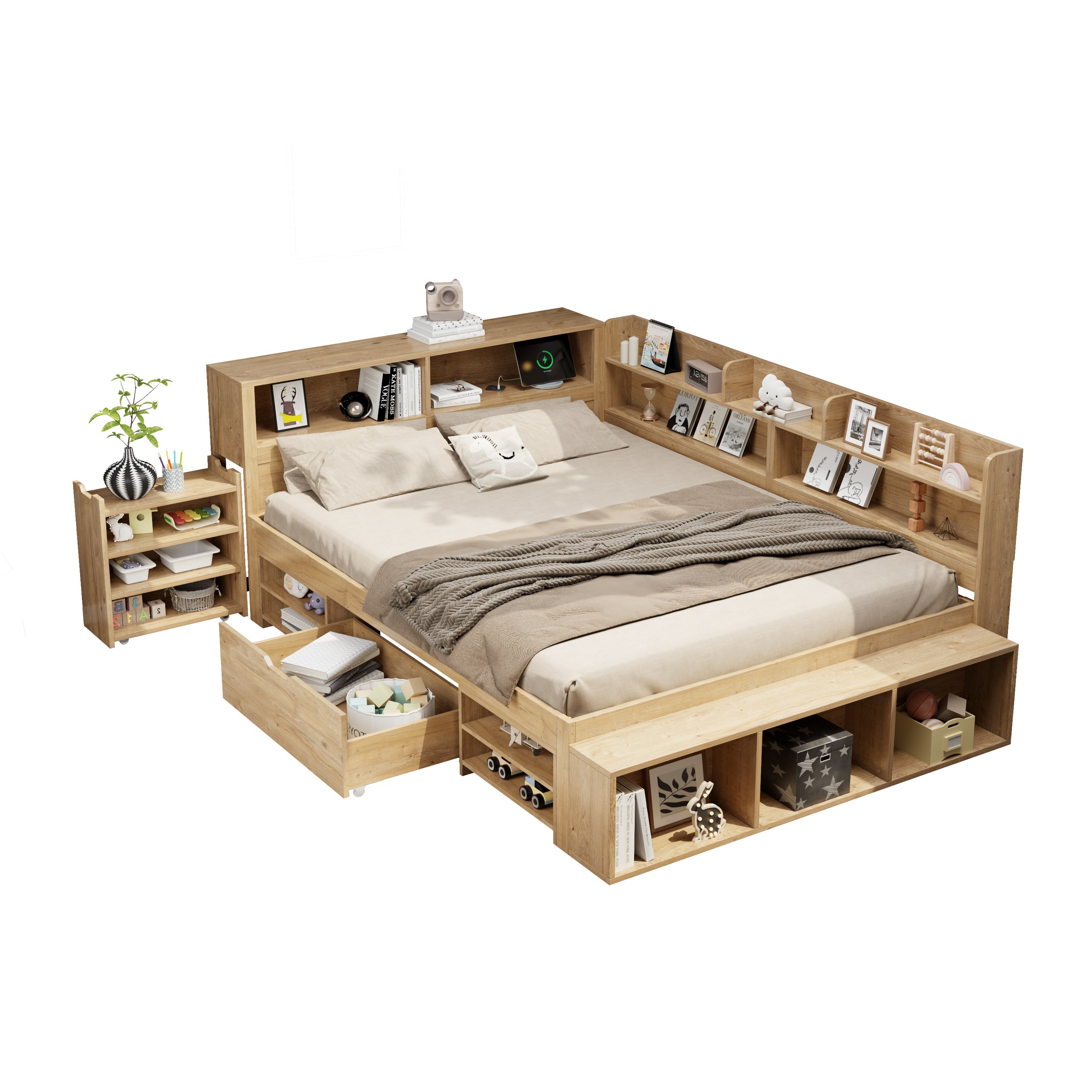 Lit enfant avec rangement 140x200 cm, lit simple multifonction en bois naturel avec table de chevet et chargeur sans fil