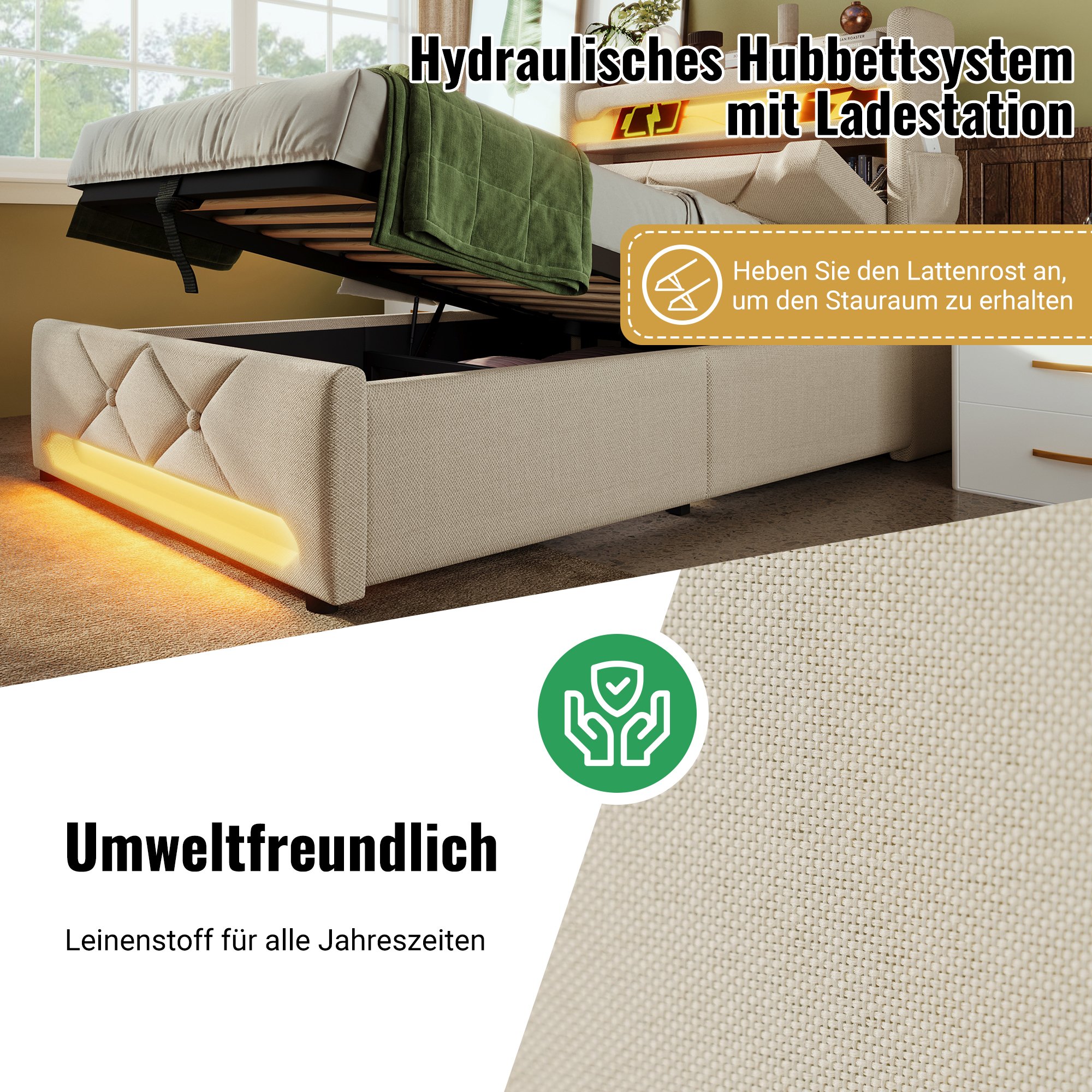 lit coffre 160x200 beige en tissu lin avec rangement hydraulique, LED 360°, ports USB et Type-C