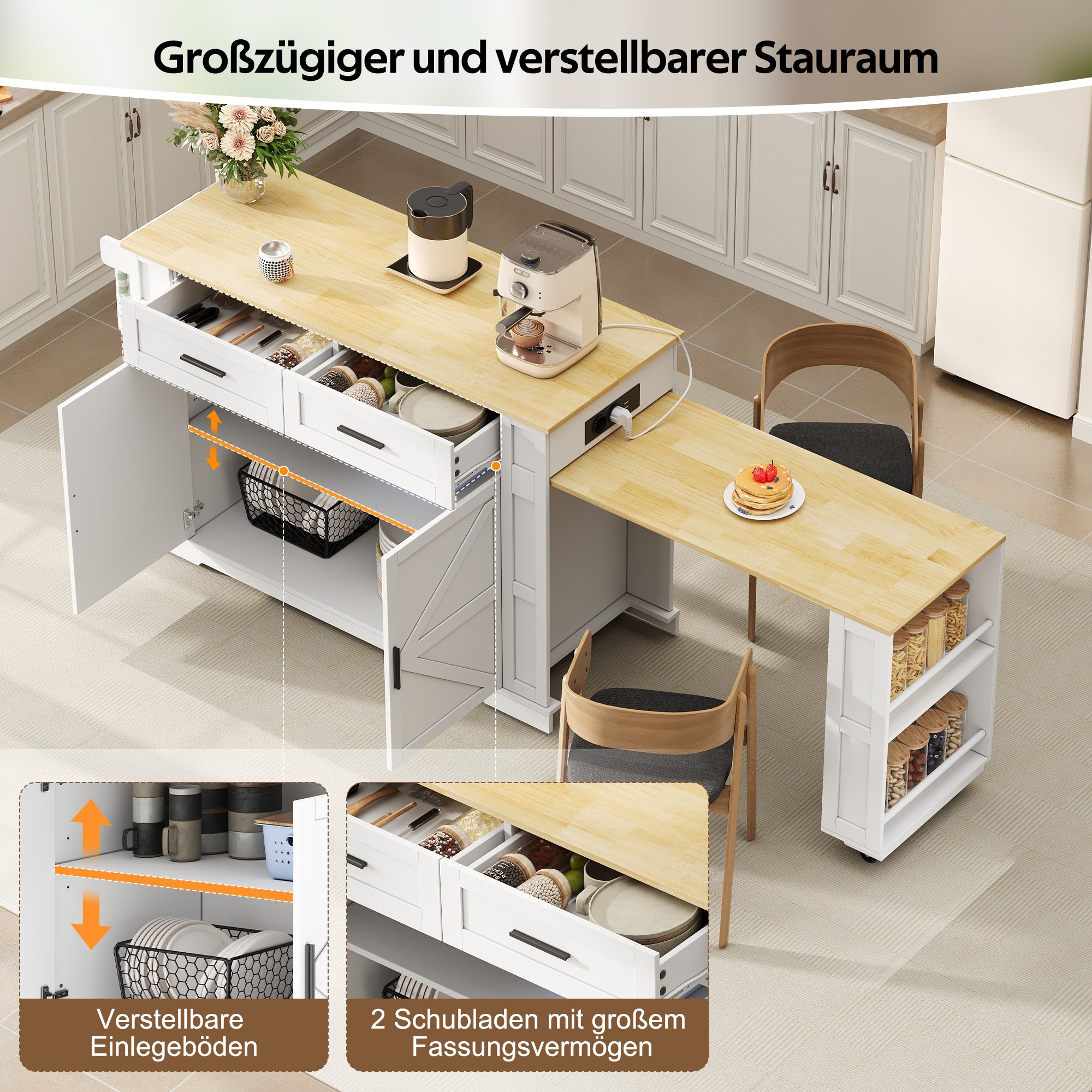 Îlot de cuisine avec plan de travail extensible, rangements spacieux, prises intégrées et roulettes, 120x50 cm, blanc et chêne