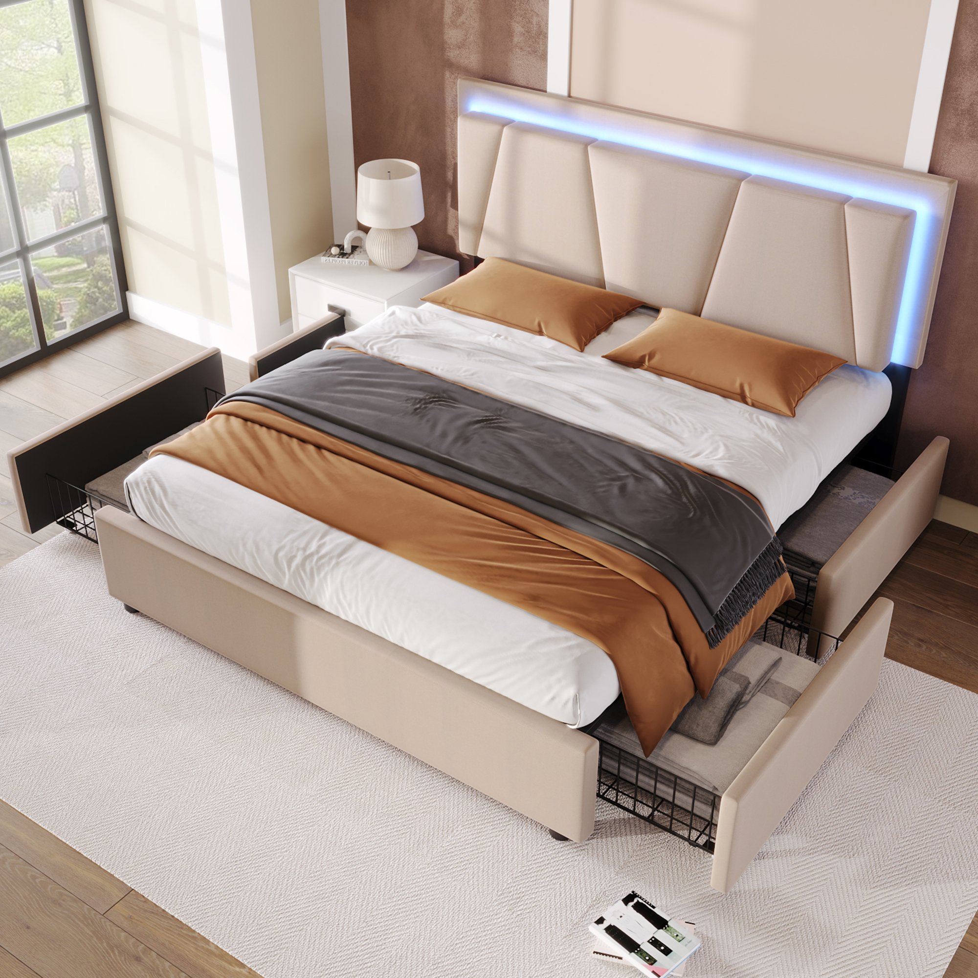 Lit double rembourré 140x200 avec LED et télécommande, 4 grands tiroirs de rangement sous le lit et sommier à lattes
