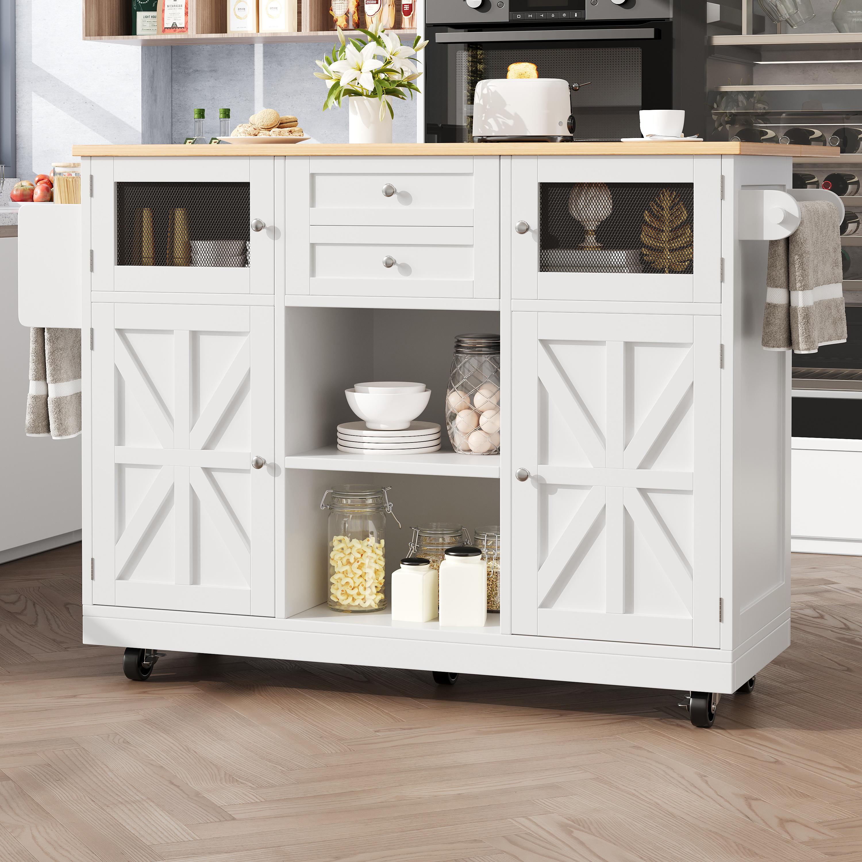 Îlot de cuisine extensible avec table intégrée, rangement spacieux et roues pivotantes 360°, blanc, 140 cm